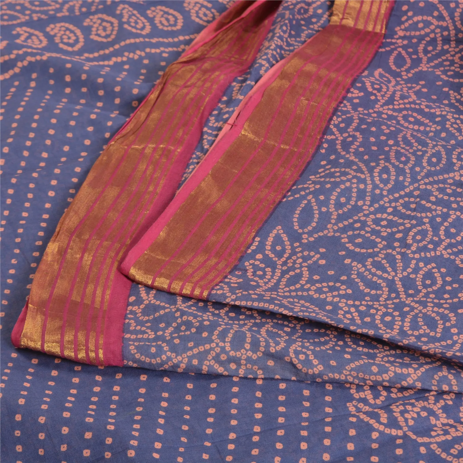 Sanskriti Vintage Sarees Blue/Peach Bandhani Print Zari Pure Cotton Sari Fabric