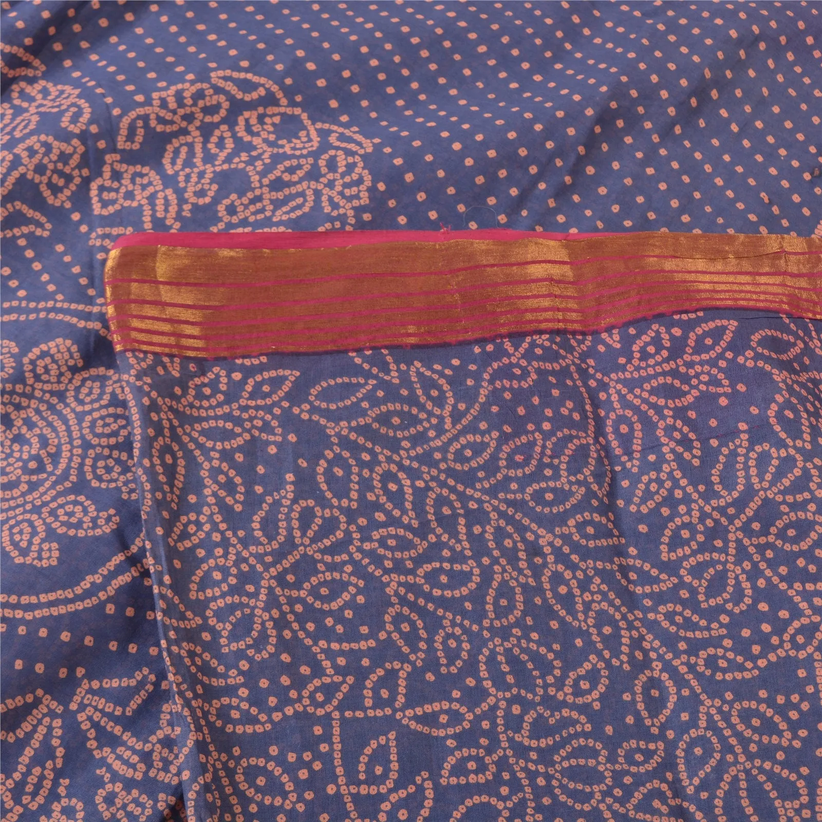 Sanskriti Vintage Sarees Blue/Peach Bandhani Print Zari Pure Cotton Sari Fabric