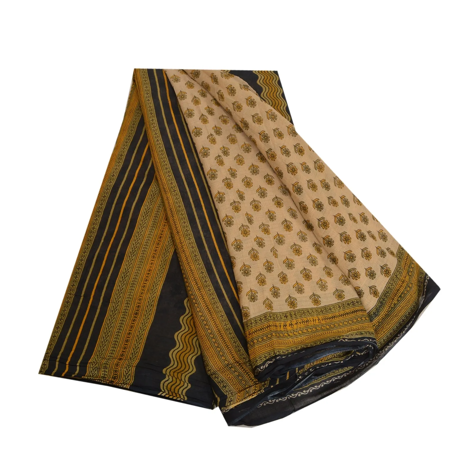 Sanskriti Vintage Sarees Cream/Black 100% Pure Cotton Printed Sari Craft Fabric