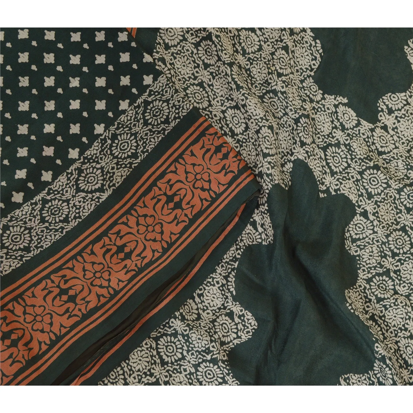 Sanskriti Vintage Sarees Dark-Green Pure Silk Printed Sari Soft 5yd Craft Fabric