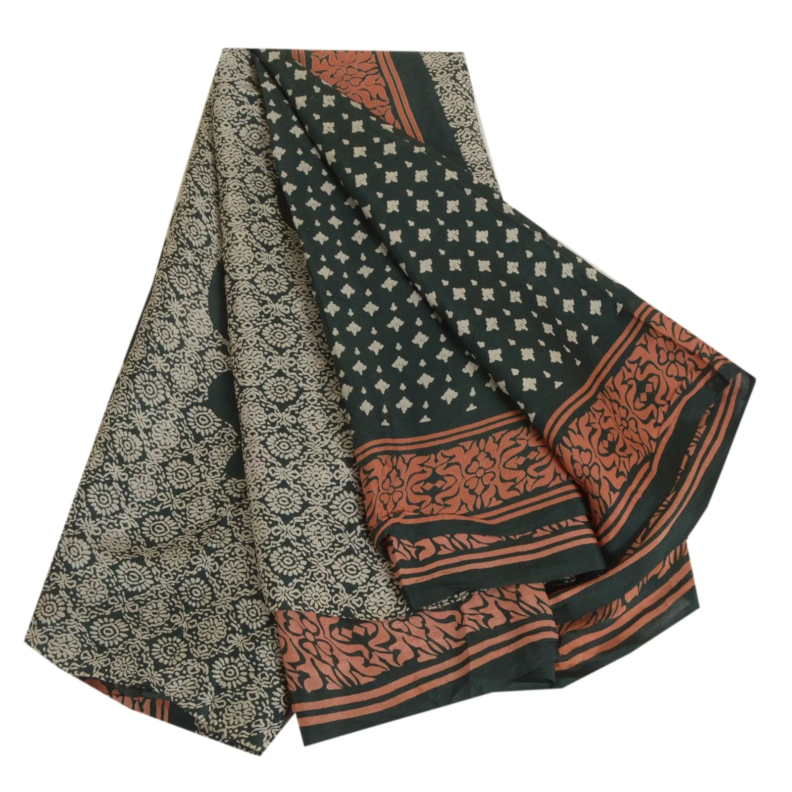 Sanskriti Vintage Sarees Dark-Green Pure Silk Printed Sari Soft 5yd Craft Fabric