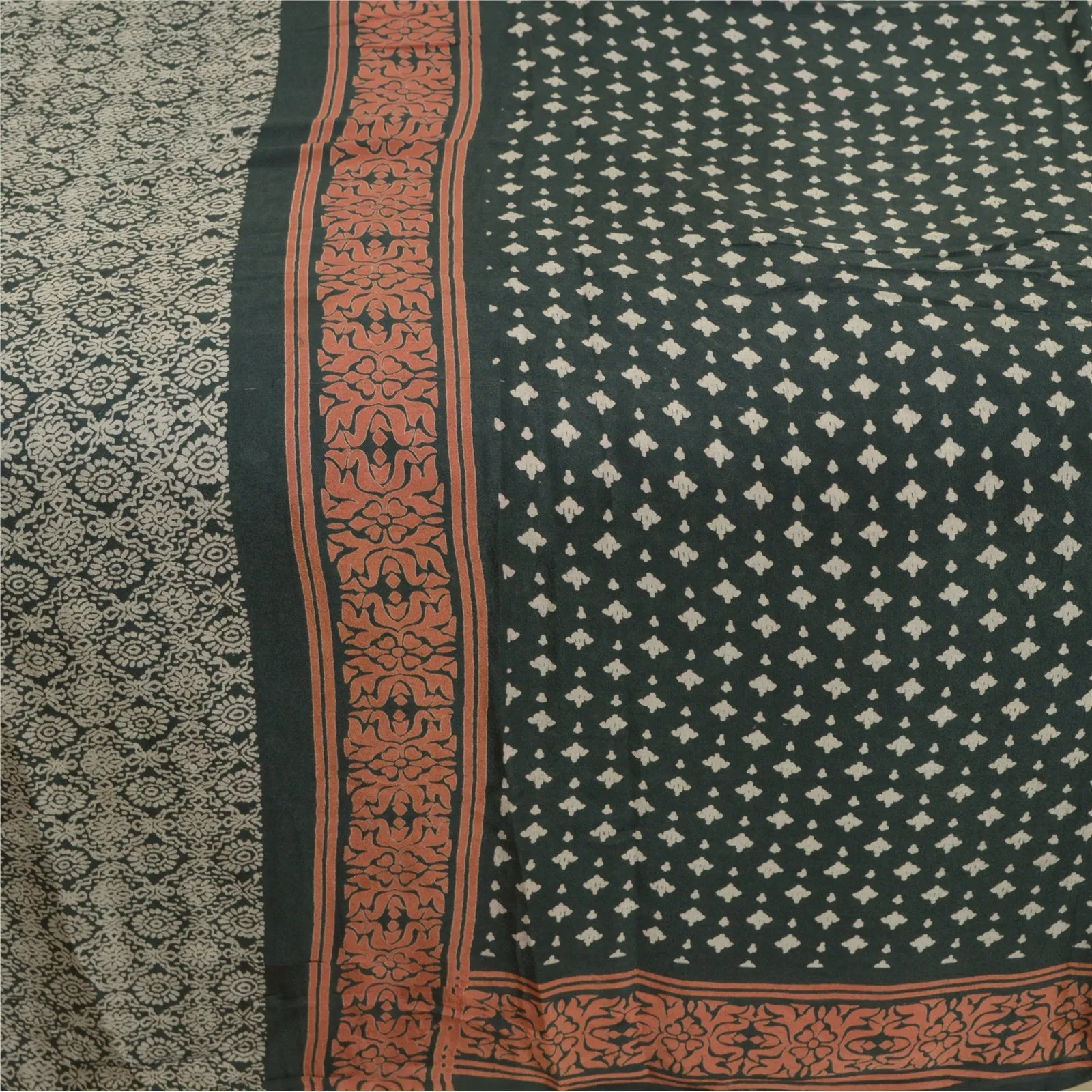 Sanskriti Vintage Sarees Dark-Green Pure Silk Printed Sari Soft 5yd Craft Fabric