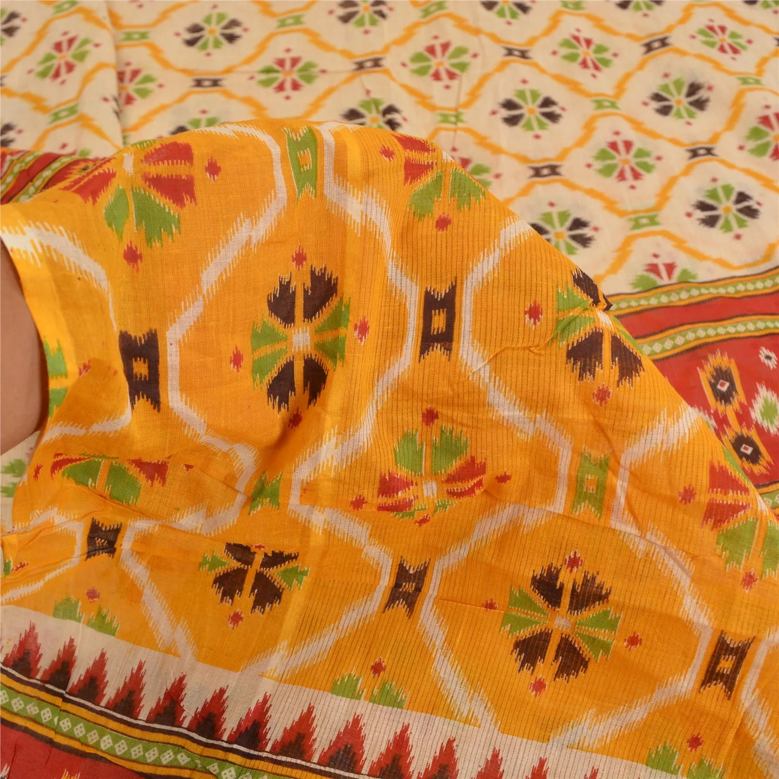 Sanskriti Vintage Sarees From India Cream Pure Cotton Printed Sari Craft Fabric