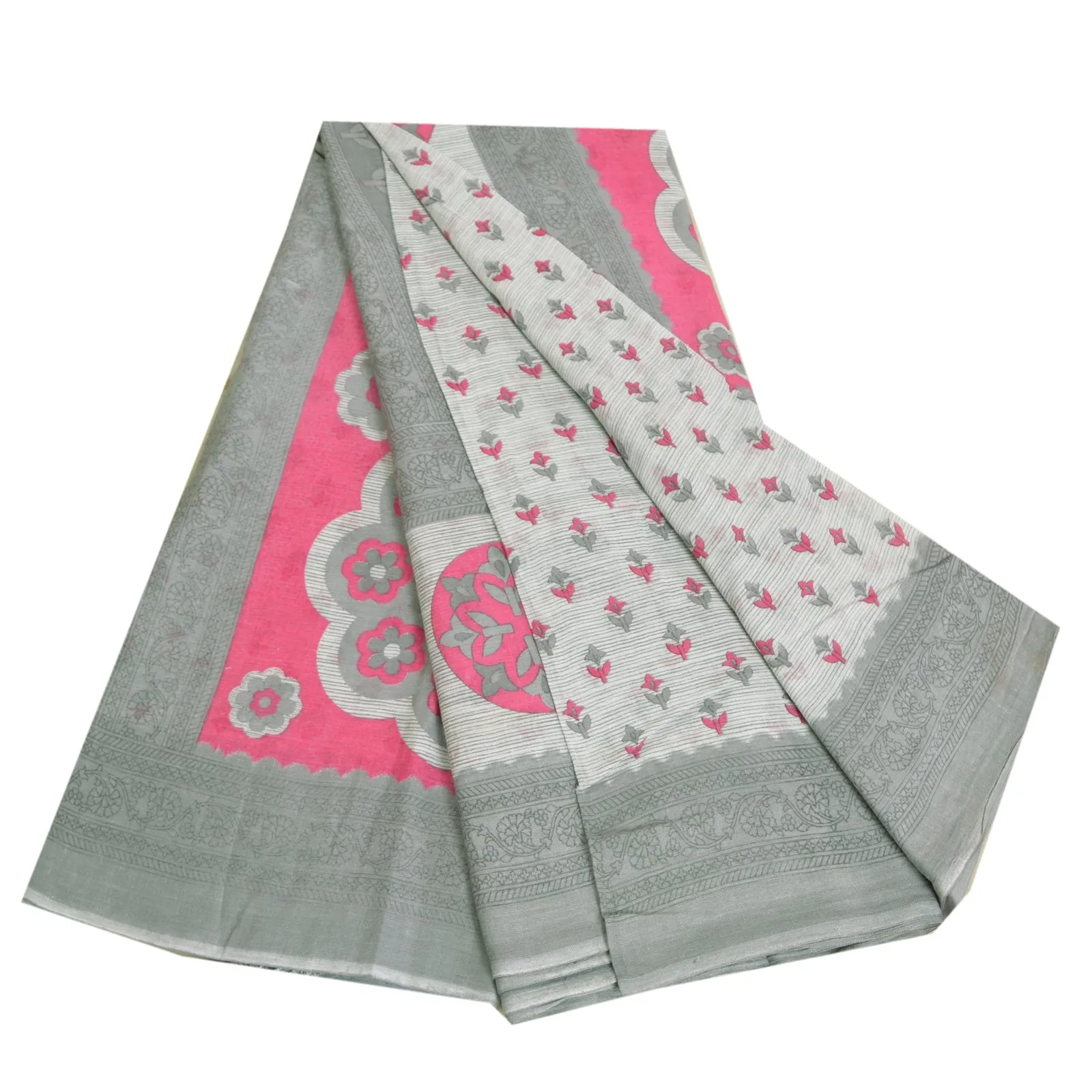 Sanskriti Vintage Sarees From India Gray Pure Cotton Printed Sari Craft Fabric