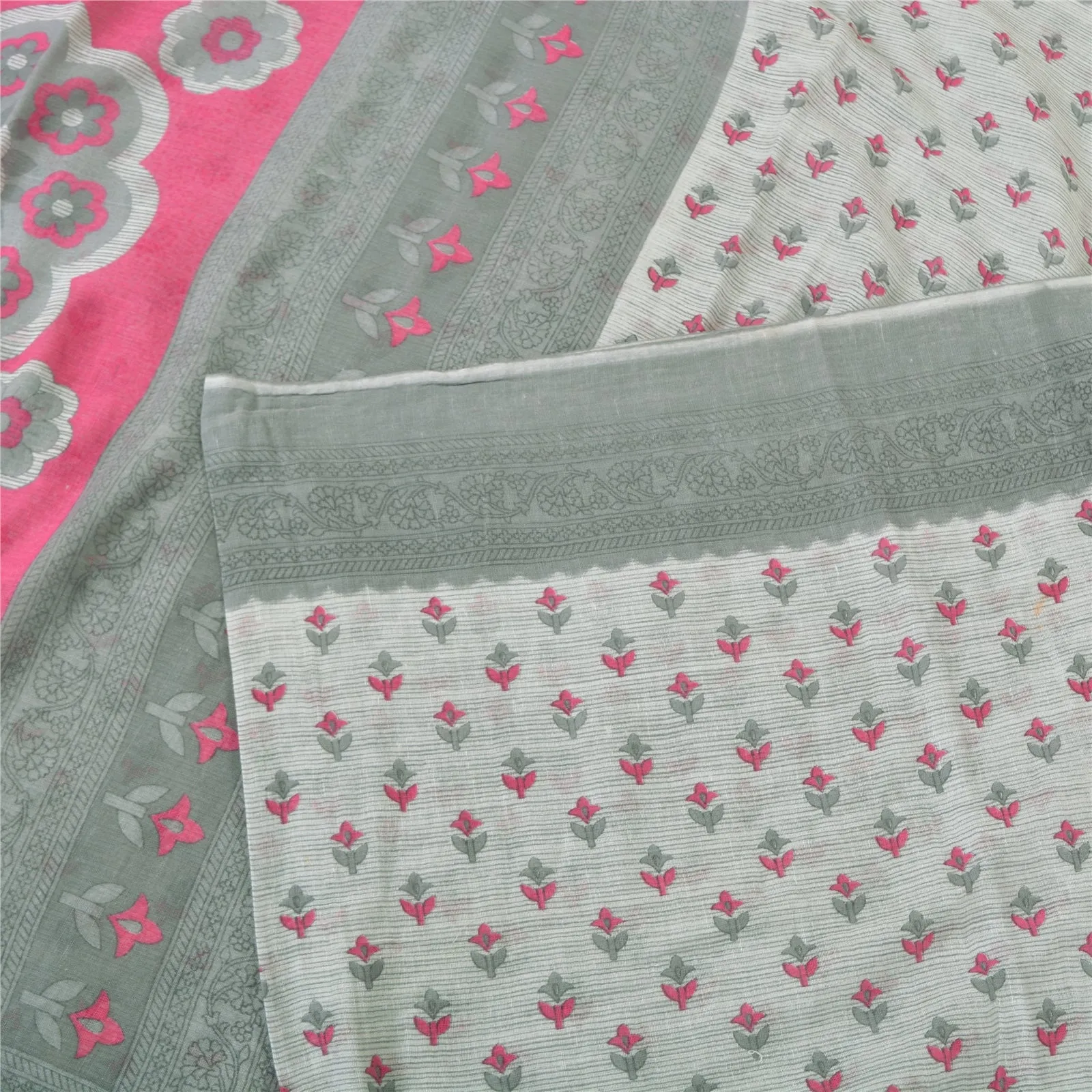 Sanskriti Vintage Sarees From India Gray Pure Cotton Printed Sari Craft Fabric