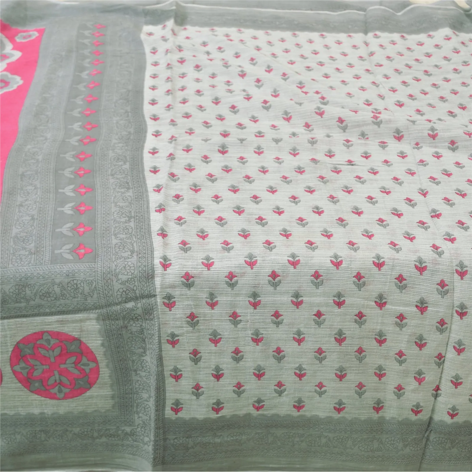 Sanskriti Vintage Sarees From India Gray Pure Cotton Printed Sari Craft Fabric