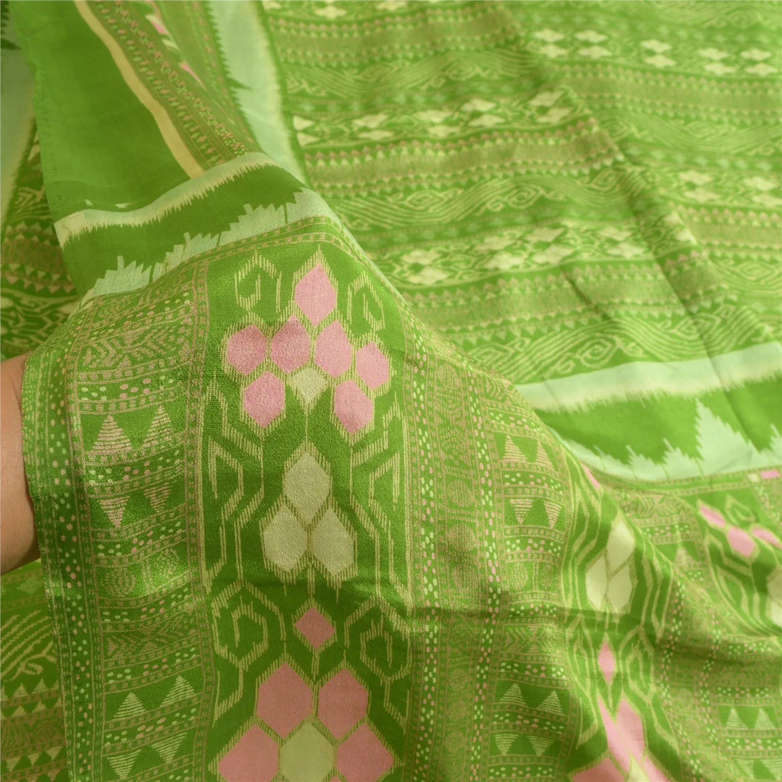 Sanskriti Vintage Sarees Green 100% Pure Silk Printed Sari 6yd Soft Craft Fabric