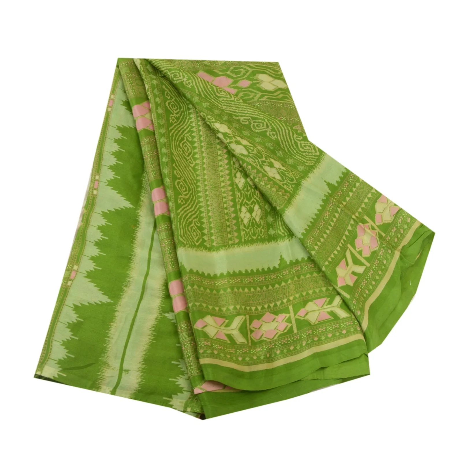 Sanskriti Vintage Sarees Green 100% Pure Silk Printed Sari 6yd Soft Craft Fabric