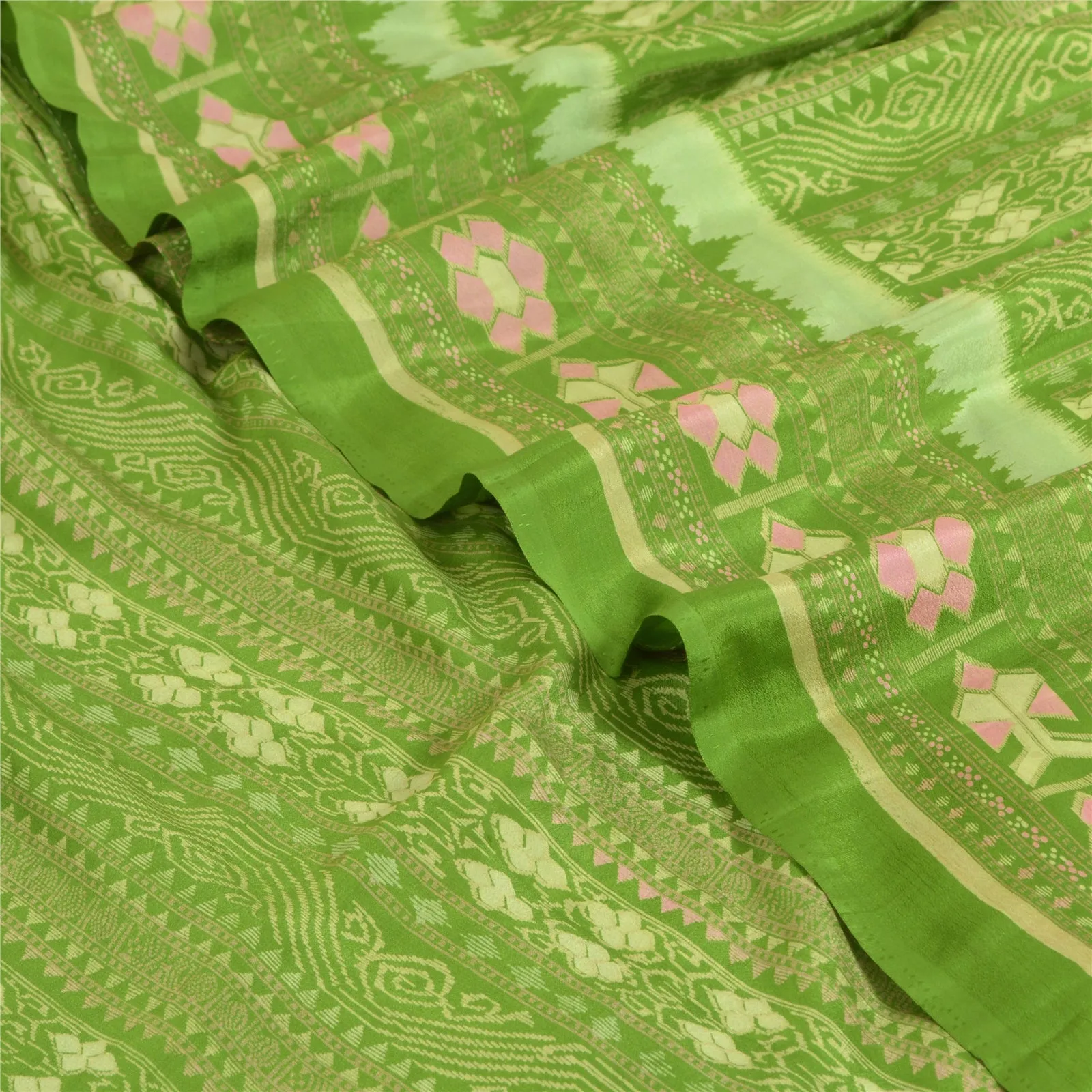 Sanskriti Vintage Sarees Green 100% Pure Silk Printed Sari 6yd Soft Craft Fabric