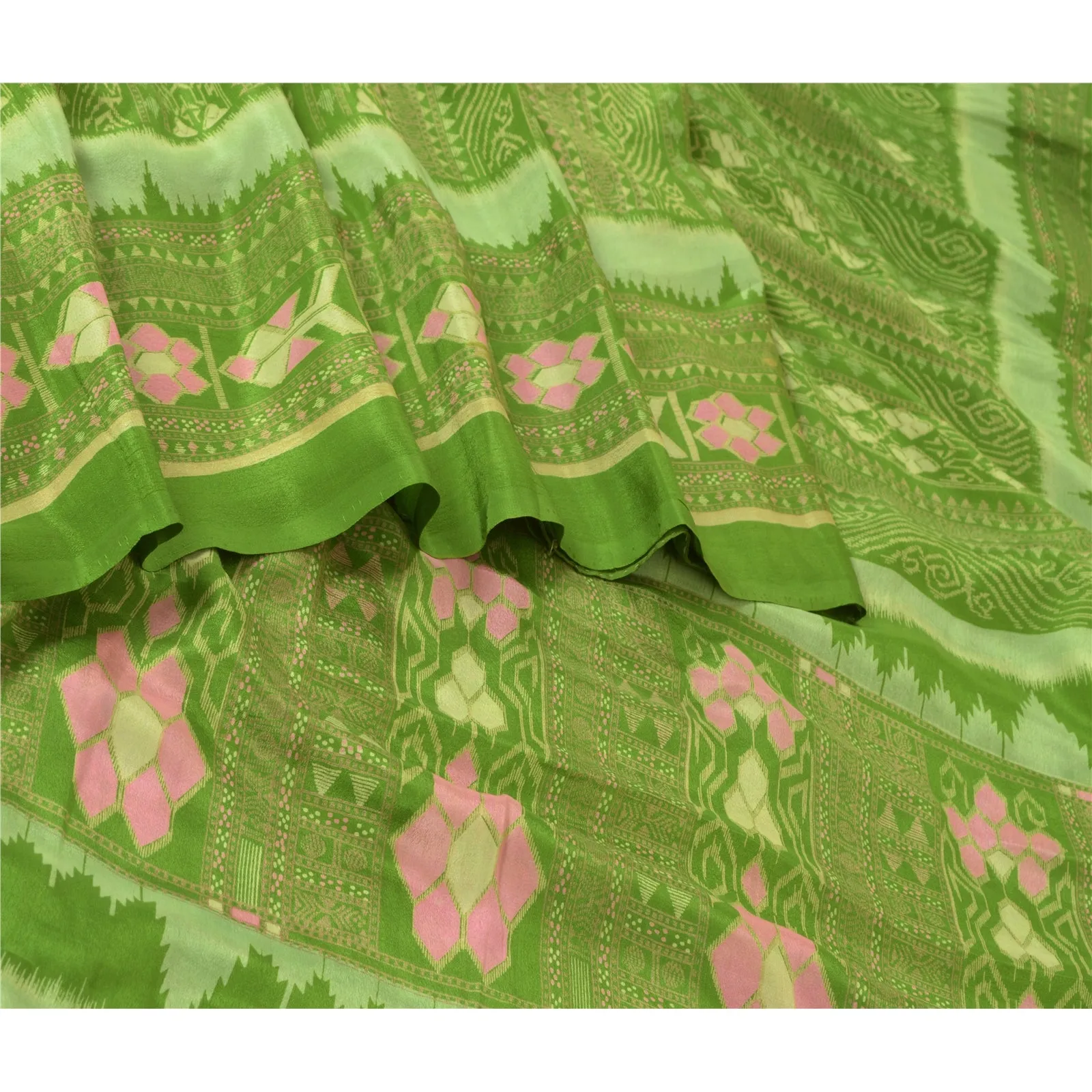 Sanskriti Vintage Sarees Green 100% Pure Silk Printed Sari 6yd Soft Craft Fabric