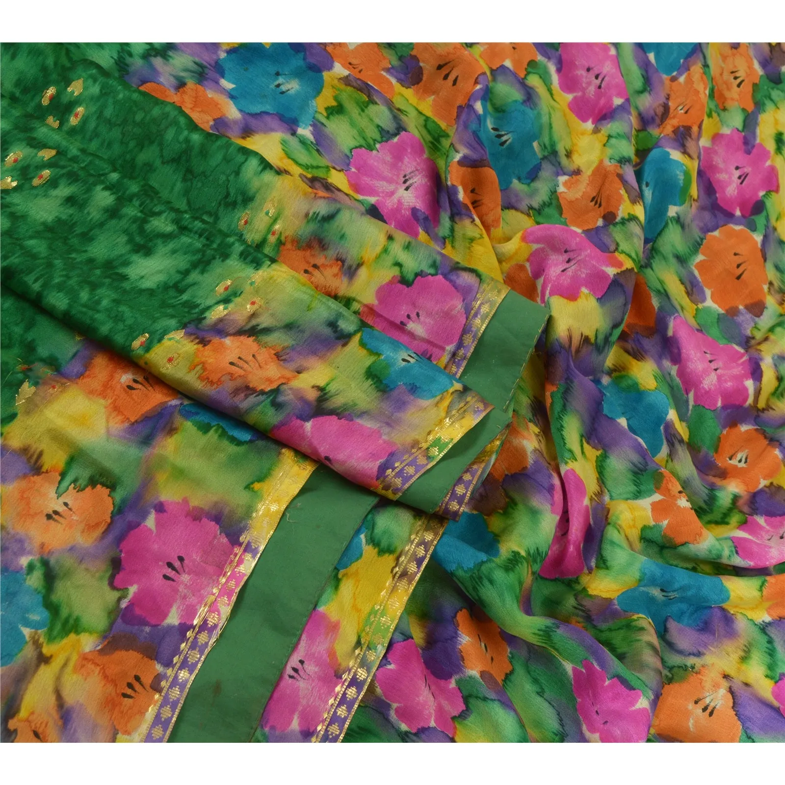 Sanskriti Vintage Sarees Green Pure Silk Sari Printed Woven Floral Craft Fabric