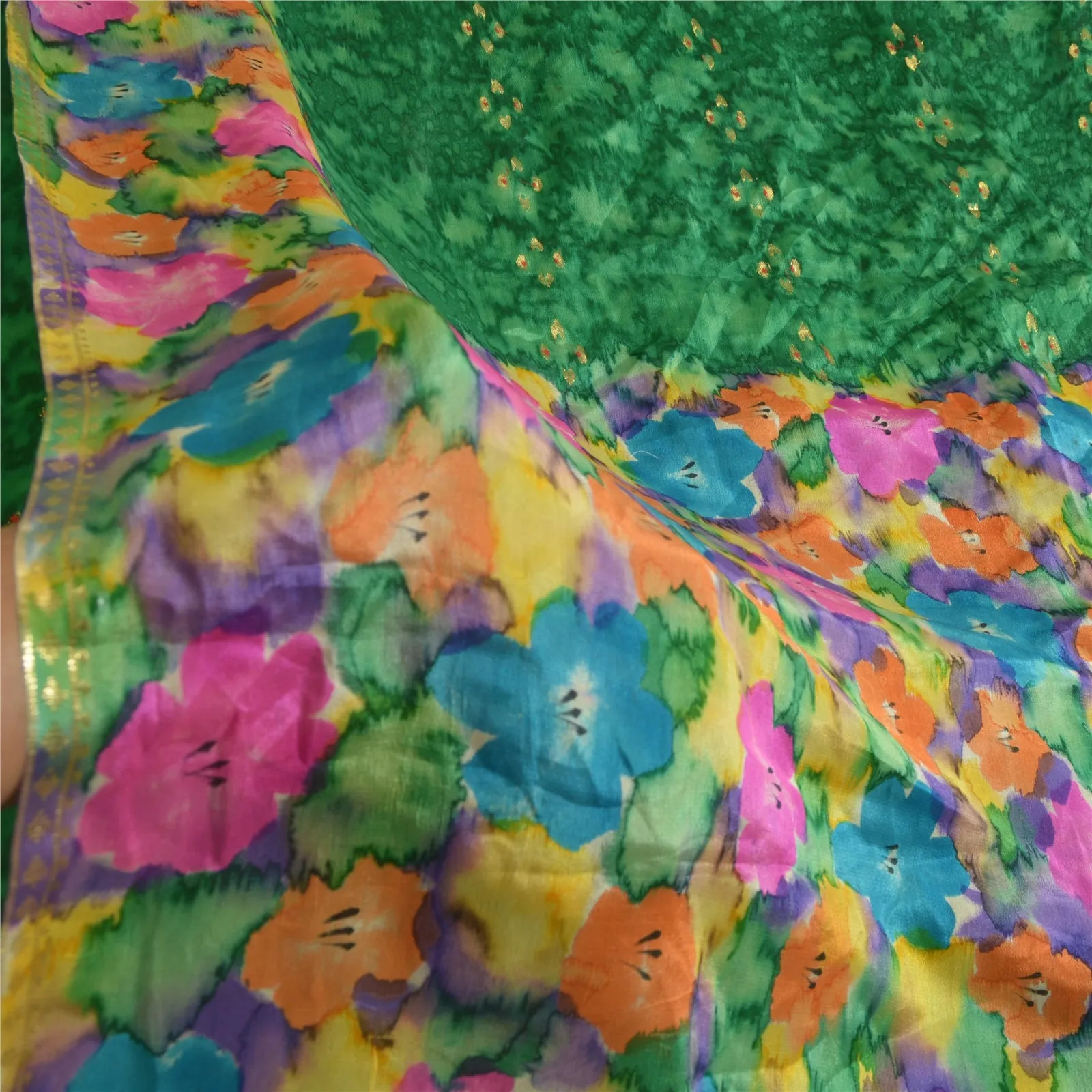 Sanskriti Vintage Sarees Green Pure Silk Sari Printed Woven Floral Craft Fabric