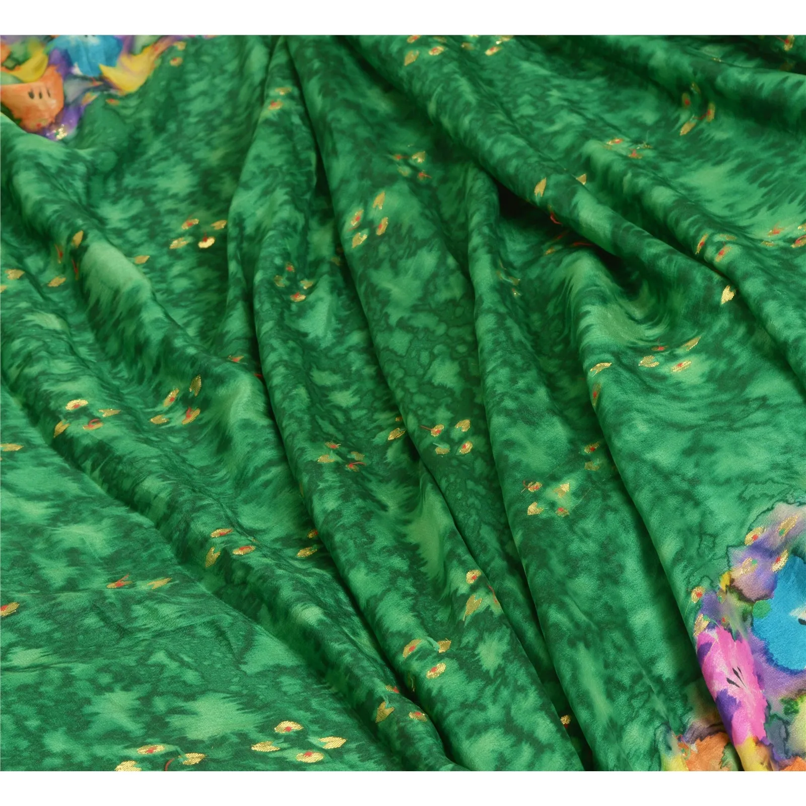 Sanskriti Vintage Sarees Green Pure Silk Sari Printed Woven Floral Craft Fabric