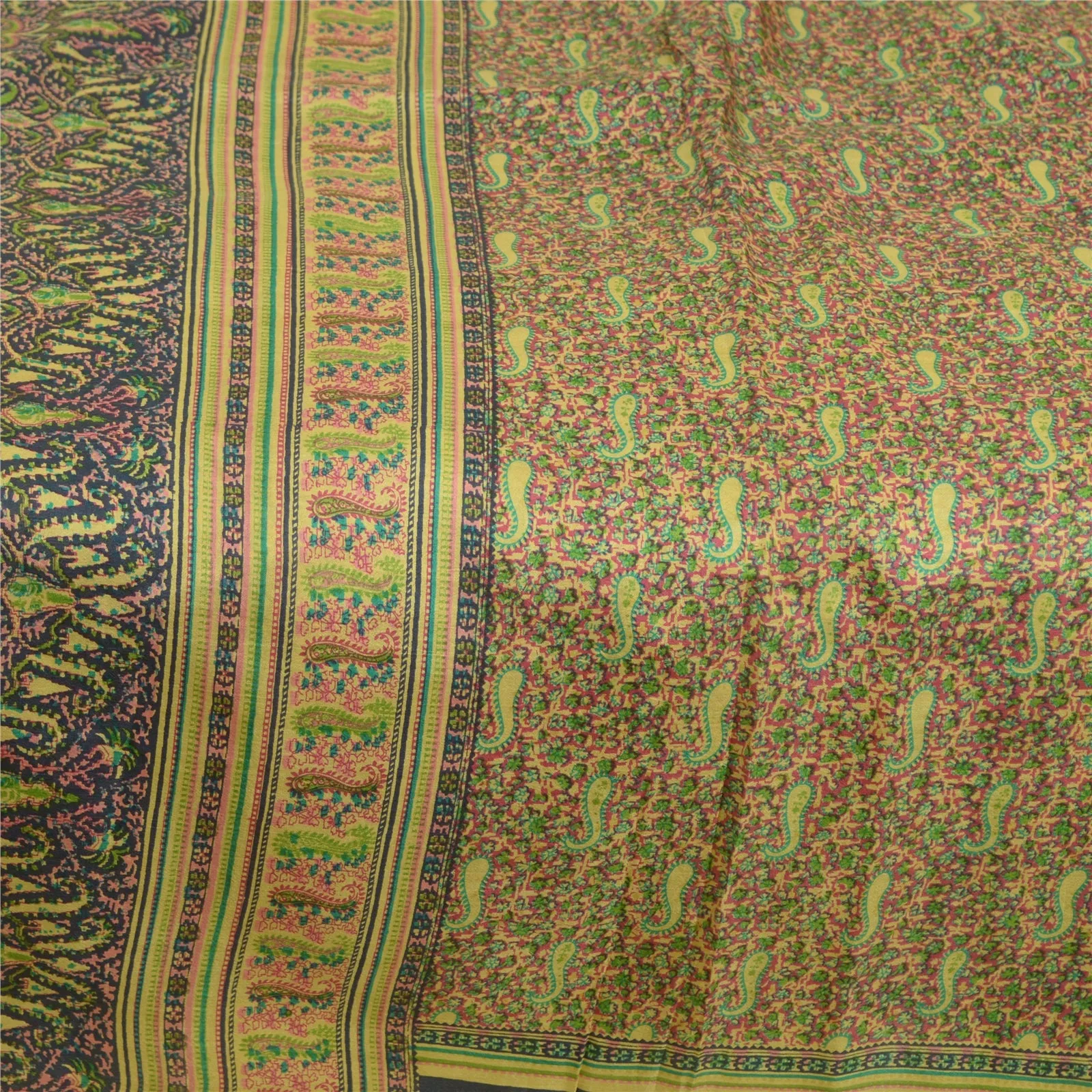 Sanskriti Vintage Sarees Green/Red Pure Silk Printed Sari Soft 5yd Craft Fabric