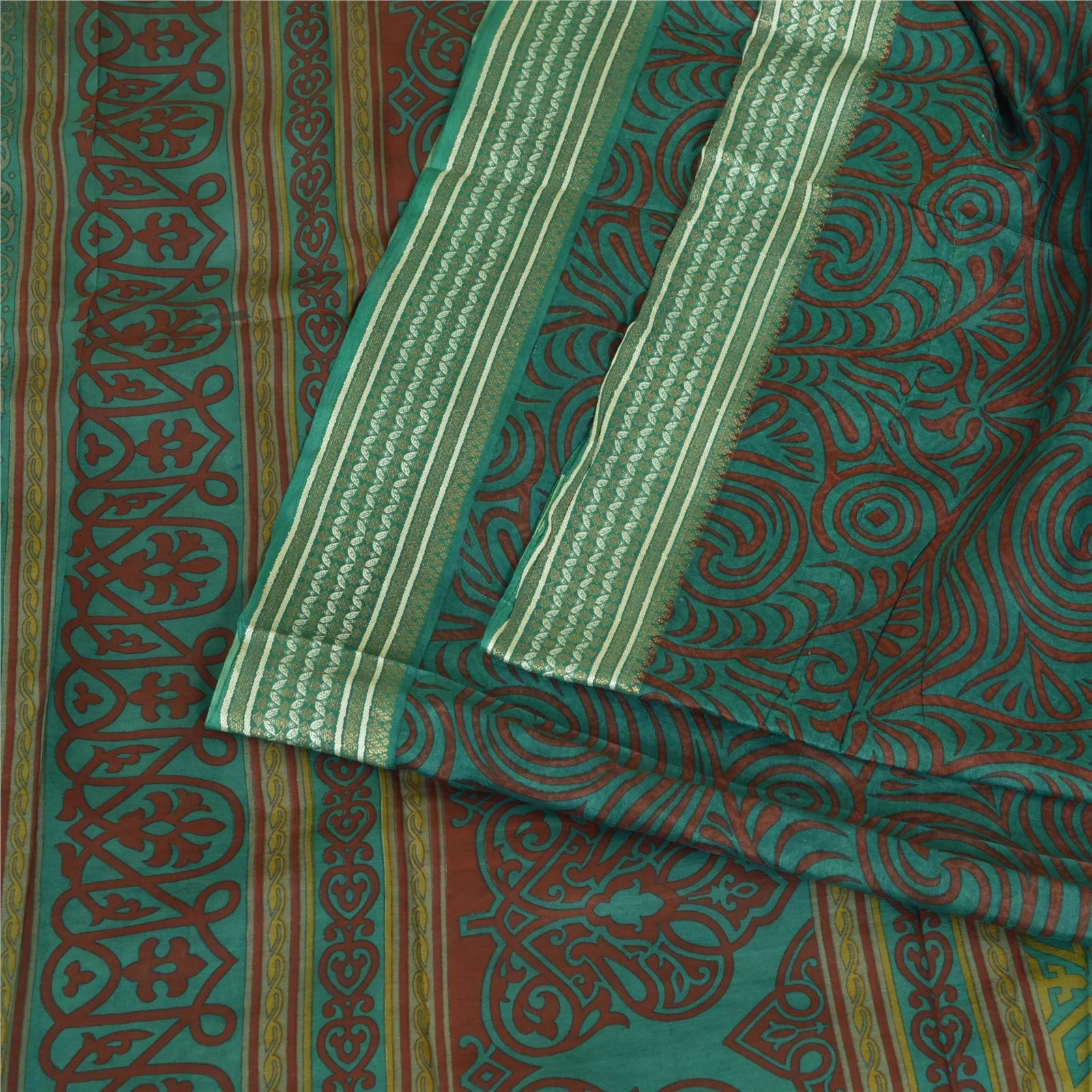 Sanskriti Vintage Sarees Green/Red Zari Border Pure Silk Print Sari Craft Fabric