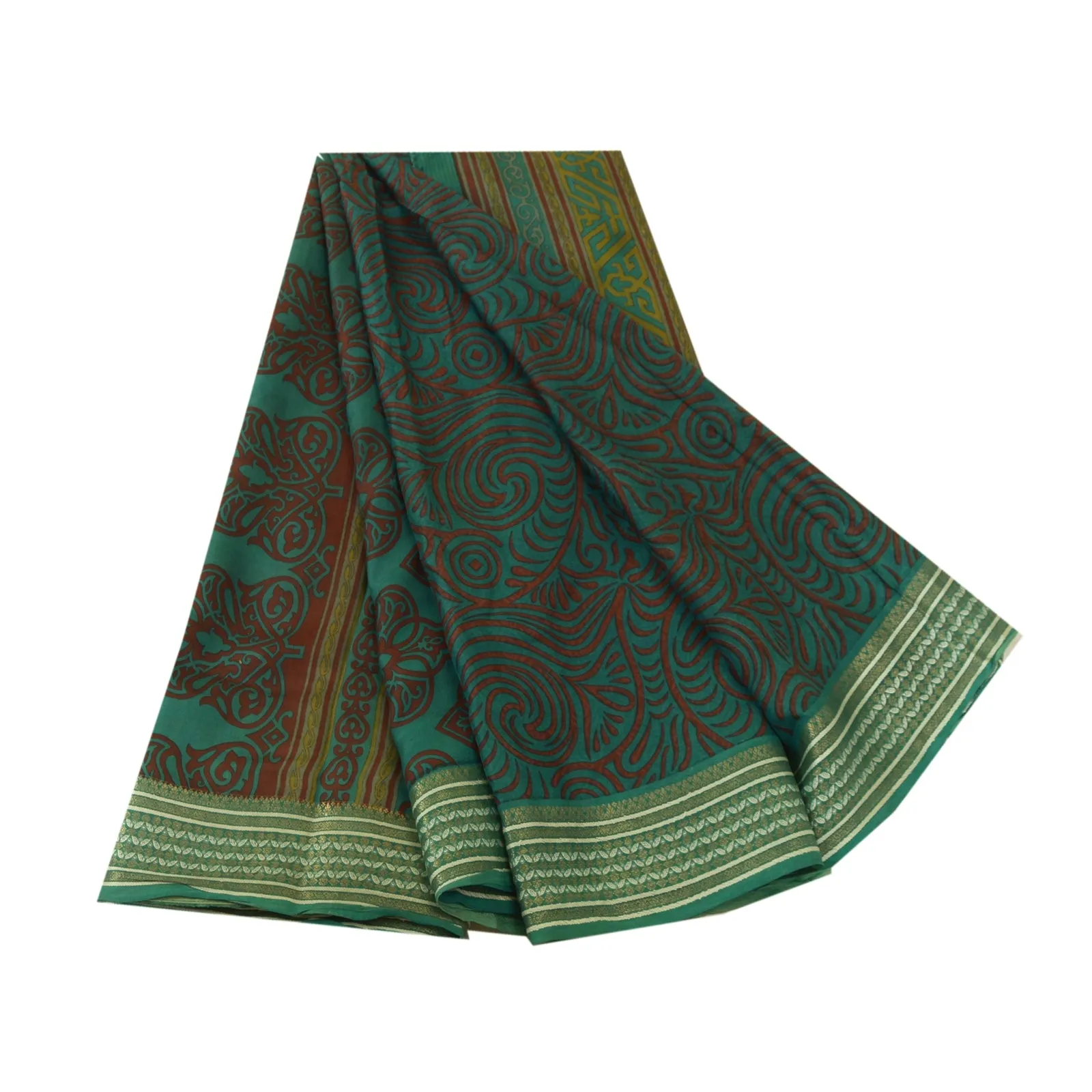 Sanskriti Vintage Sarees Green/Red Zari Border Pure Silk Print Sari Craft Fabric