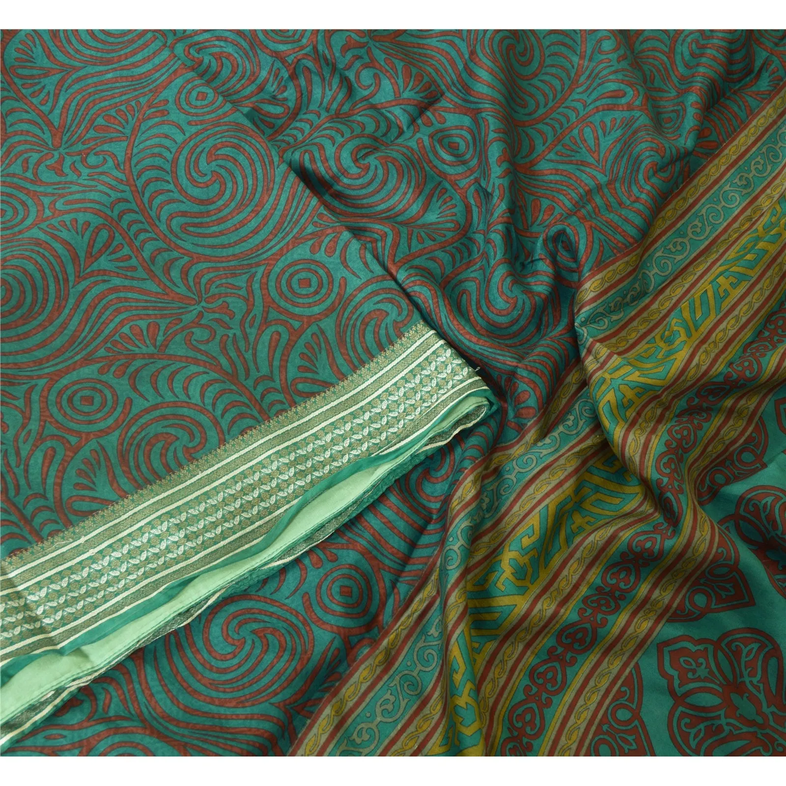 Sanskriti Vintage Sarees Green/Red Zari Border Pure Silk Print Sari Craft Fabric