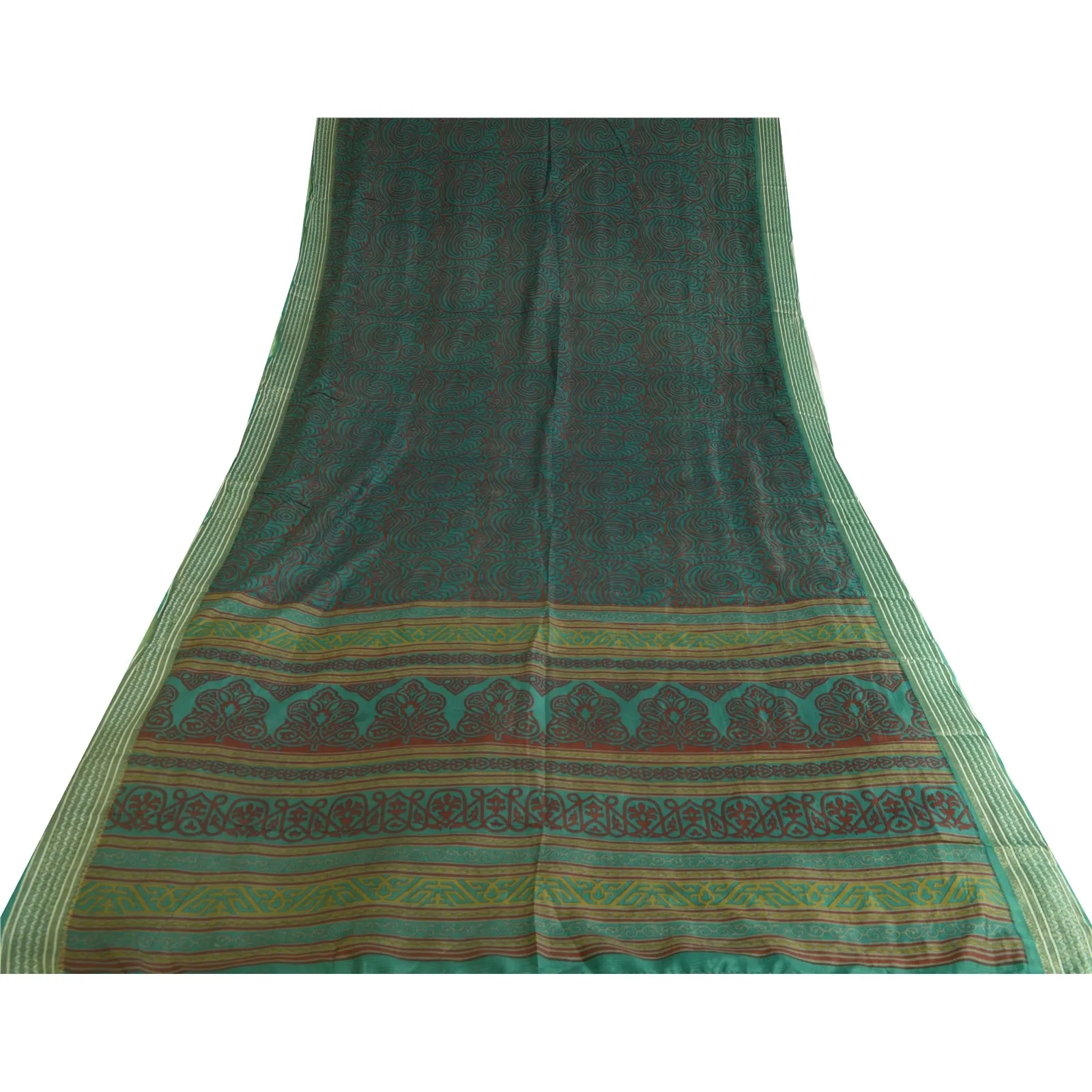 Sanskriti Vintage Sarees Green/Red Zari Border Pure Silk Print Sari Craft Fabric