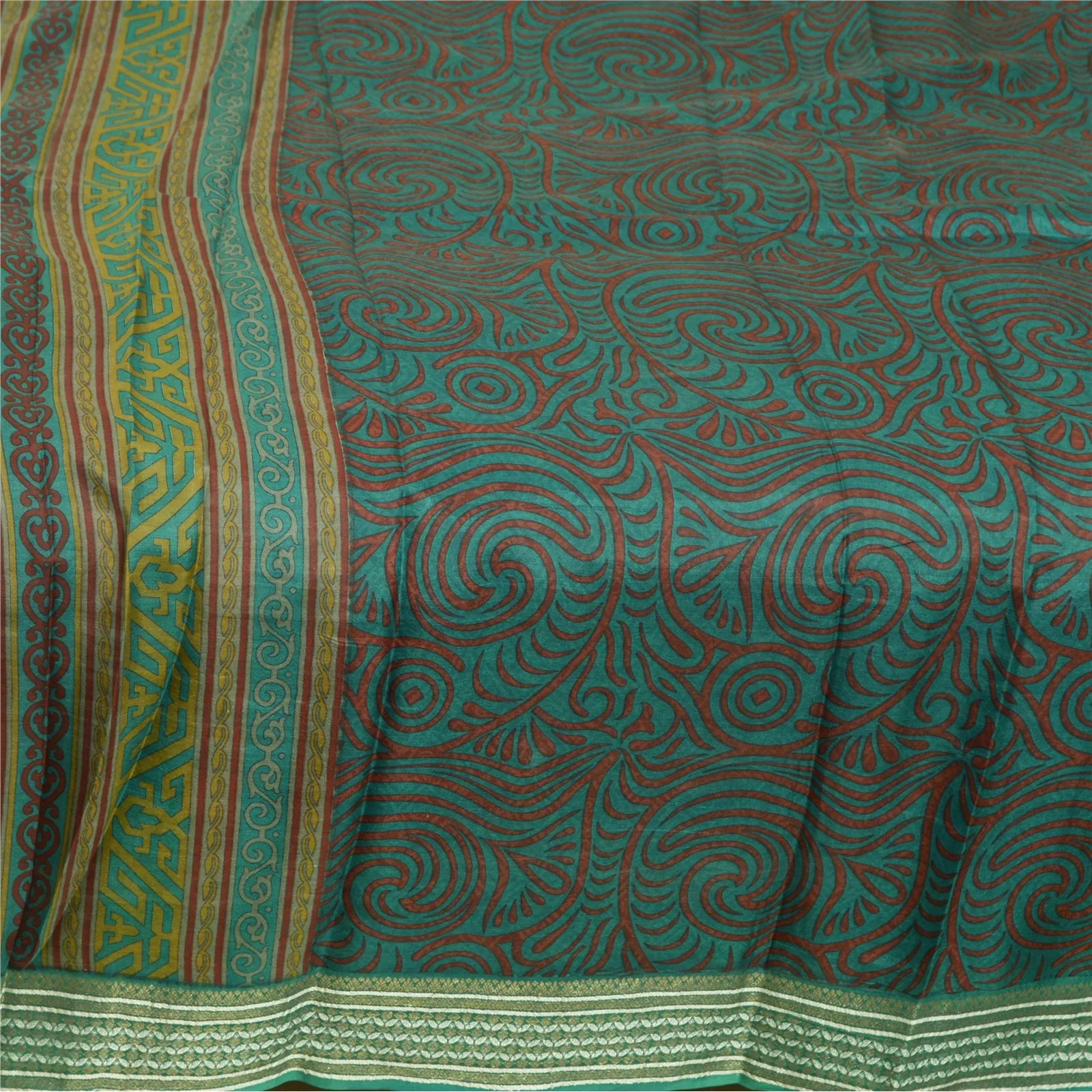 Sanskriti Vintage Sarees Green/Red Zari Border Pure Silk Print Sari Craft Fabric