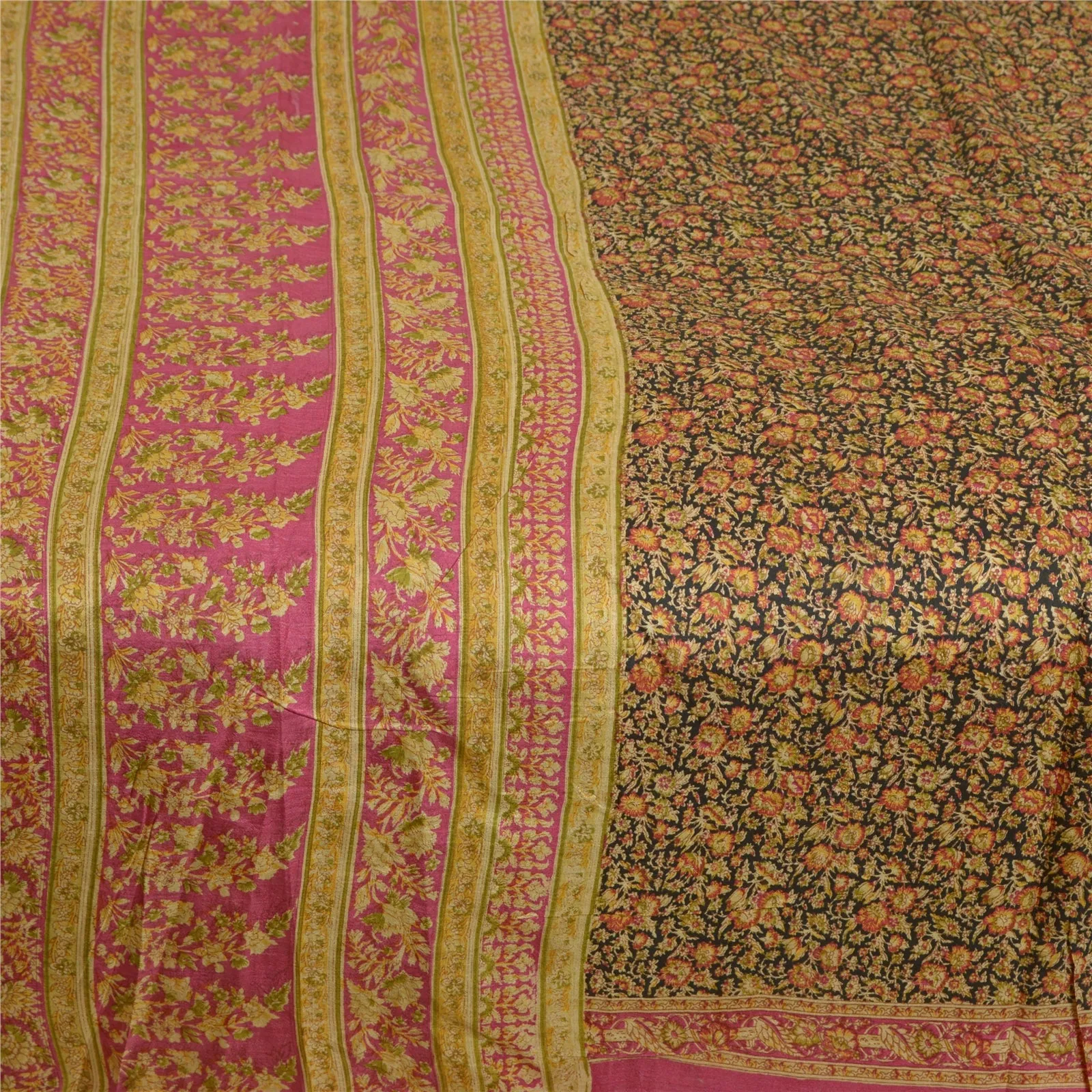 Sanskriti Vintage Sarees Indian Black/Pink Pure Silk Printed Sari Craft Fabric