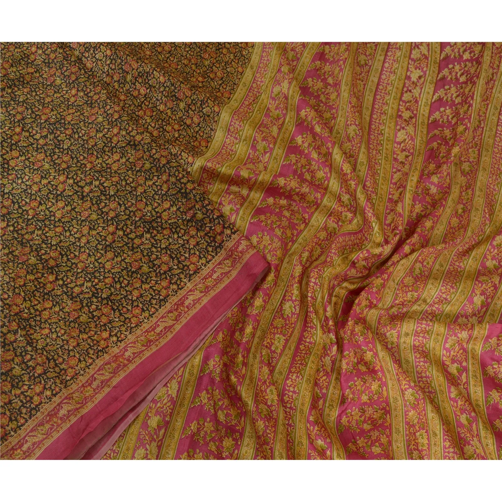 Sanskriti Vintage Sarees Indian Black/Pink Pure Silk Printed Sari Craft Fabric