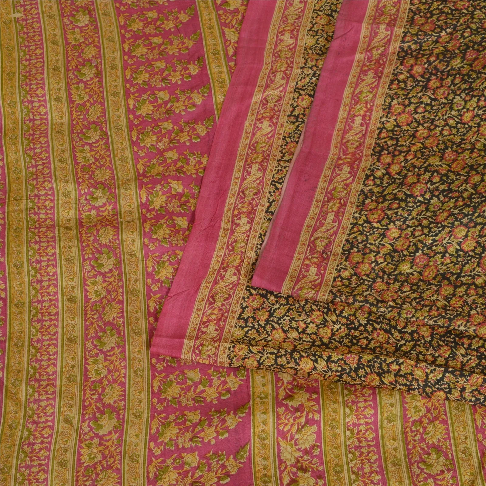 Sanskriti Vintage Sarees Indian Black/Pink Pure Silk Printed Sari Craft Fabric