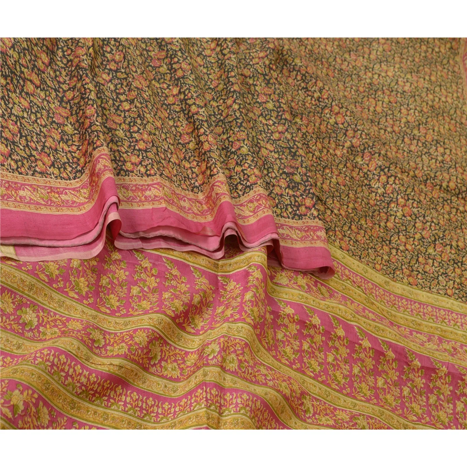 Sanskriti Vintage Sarees Indian Black/Pink Pure Silk Printed Sari Craft Fabric