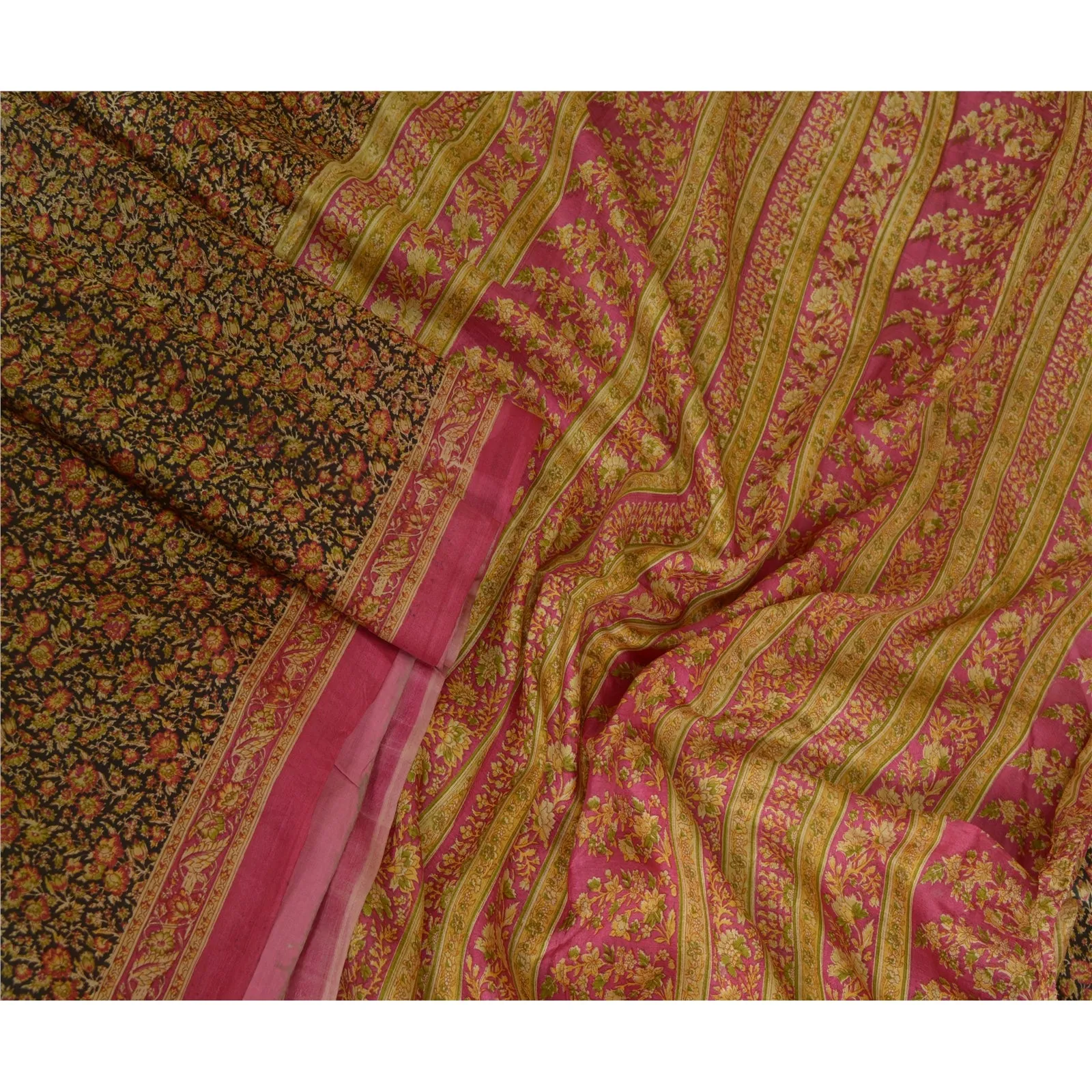 Sanskriti Vintage Sarees Indian Black/Pink Pure Silk Printed Sari Craft Fabric