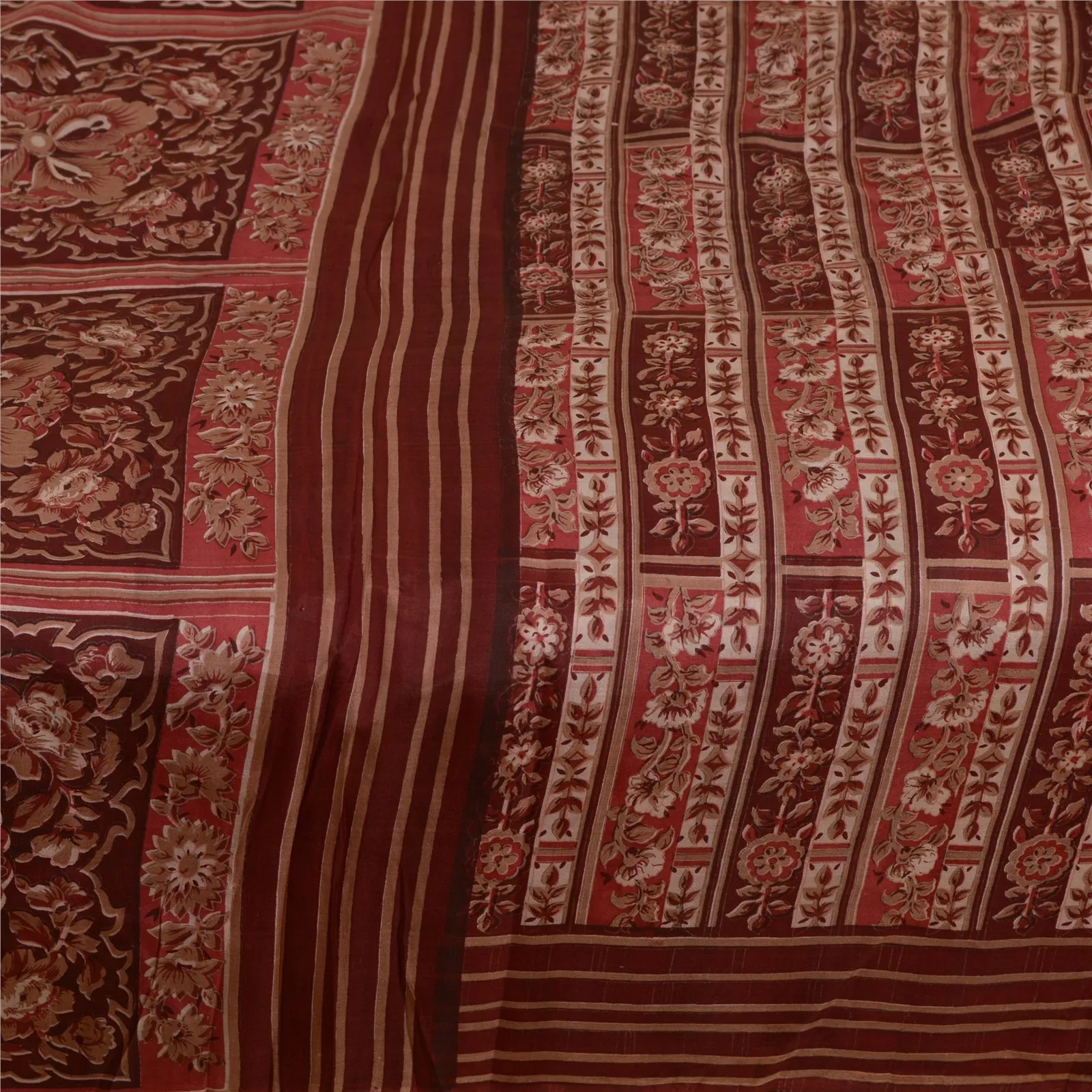 Sanskriti Vintage Sarees Indian Dark Red Pure Silk Printed Sari 5yd Craft Fabric