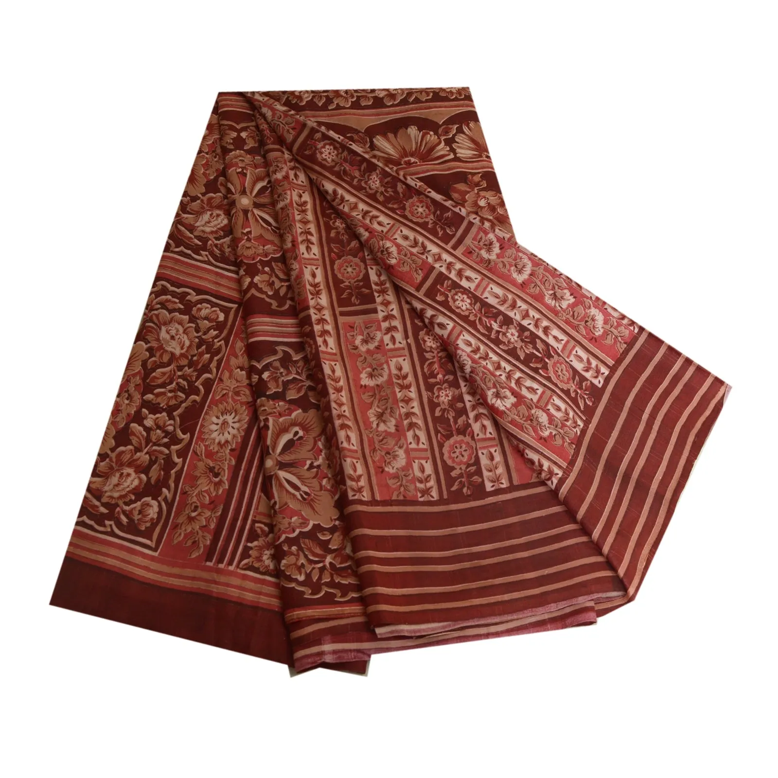 Sanskriti Vintage Sarees Indian Dark Red Pure Silk Printed Sari 5yd Craft Fabric