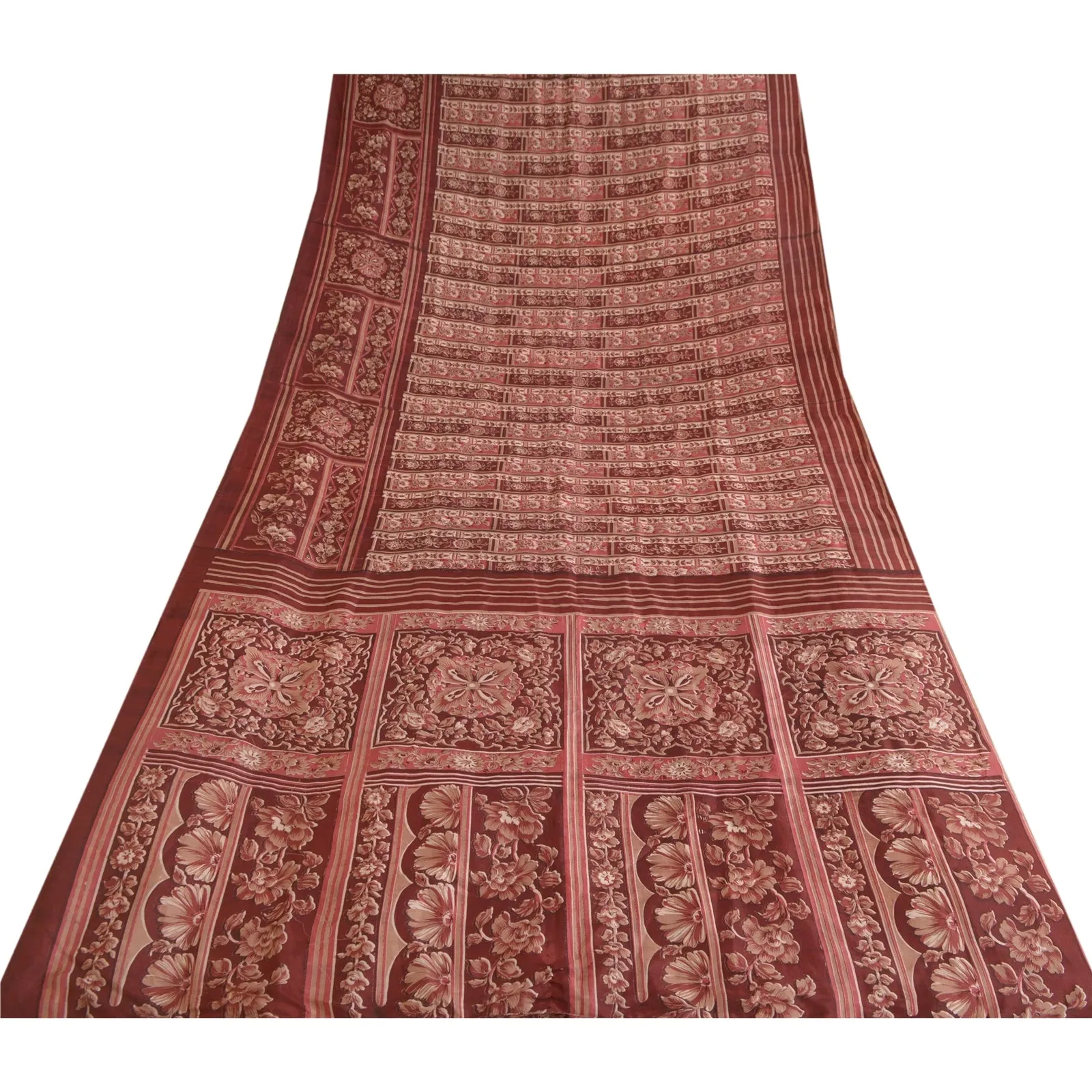 Sanskriti Vintage Sarees Indian Dark Red Pure Silk Printed Sari 5yd Craft Fabric