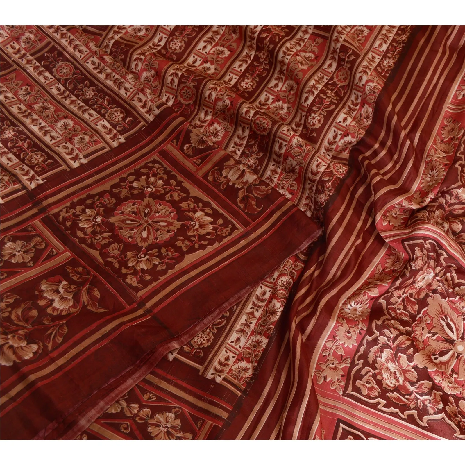 Sanskriti Vintage Sarees Indian Dark Red Pure Silk Printed Sari 5yd Craft Fabric