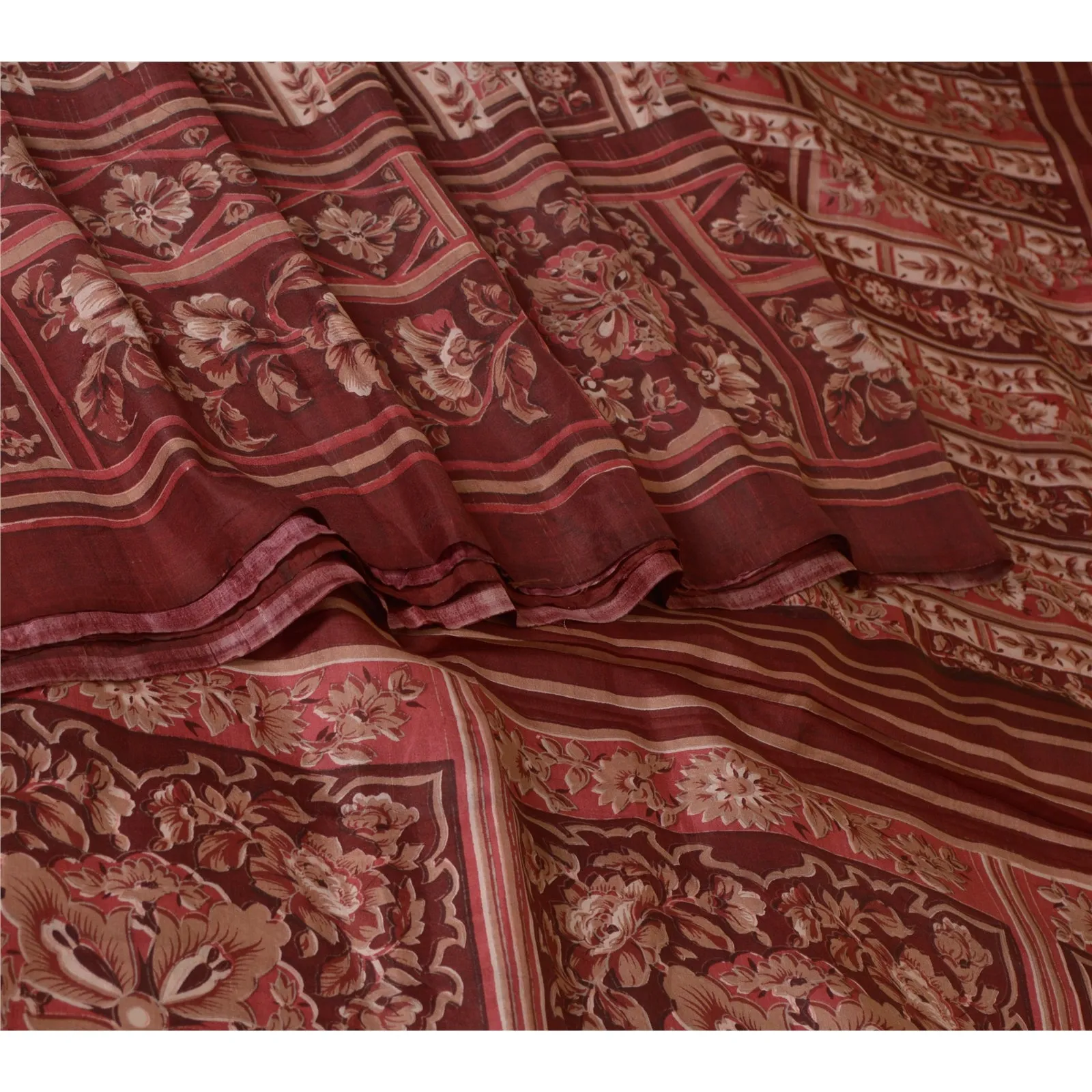 Sanskriti Vintage Sarees Indian Dark Red Pure Silk Printed Sari 5yd Craft Fabric