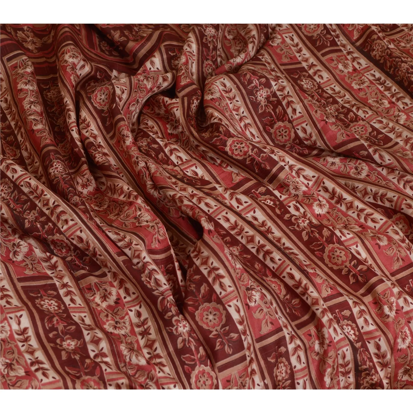 Sanskriti Vintage Sarees Indian Dark Red Pure Silk Printed Sari 5yd Craft Fabric