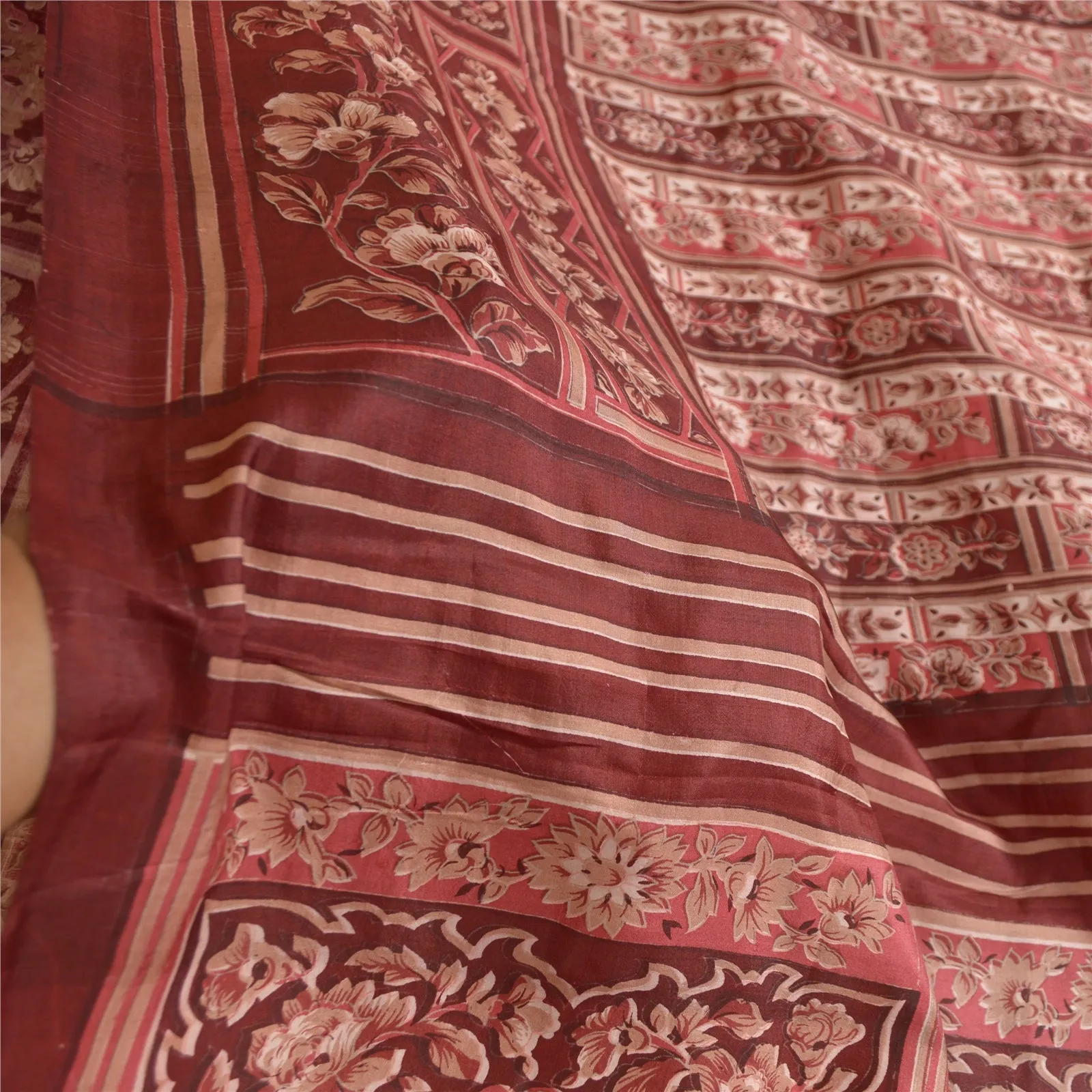 Sanskriti Vintage Sarees Indian Dark Red Pure Silk Printed Sari 5yd Craft Fabric