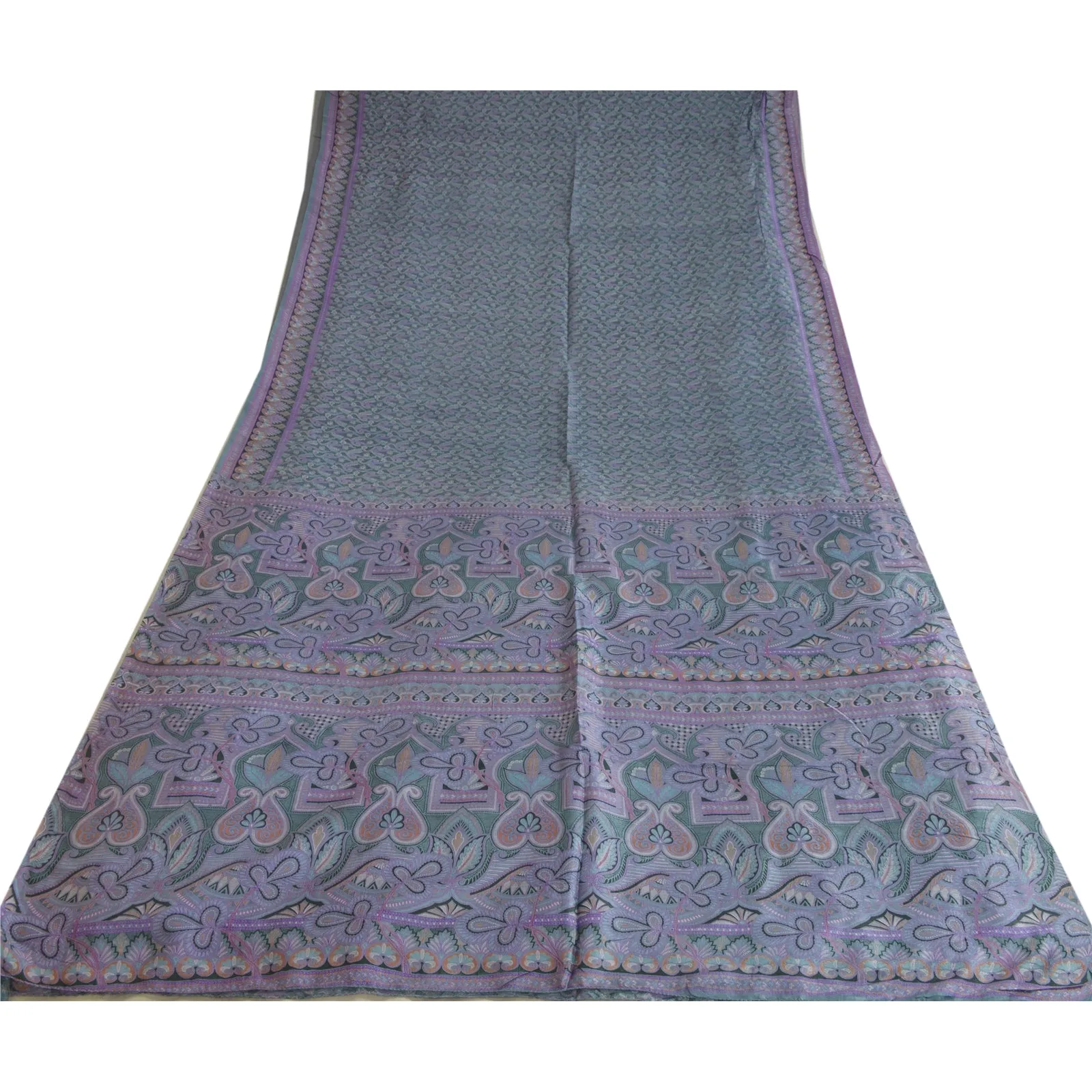 Sanskriti Vintage Sarees Indian Grayish-Blue Pure Silk Printed Sari Craft Fabric