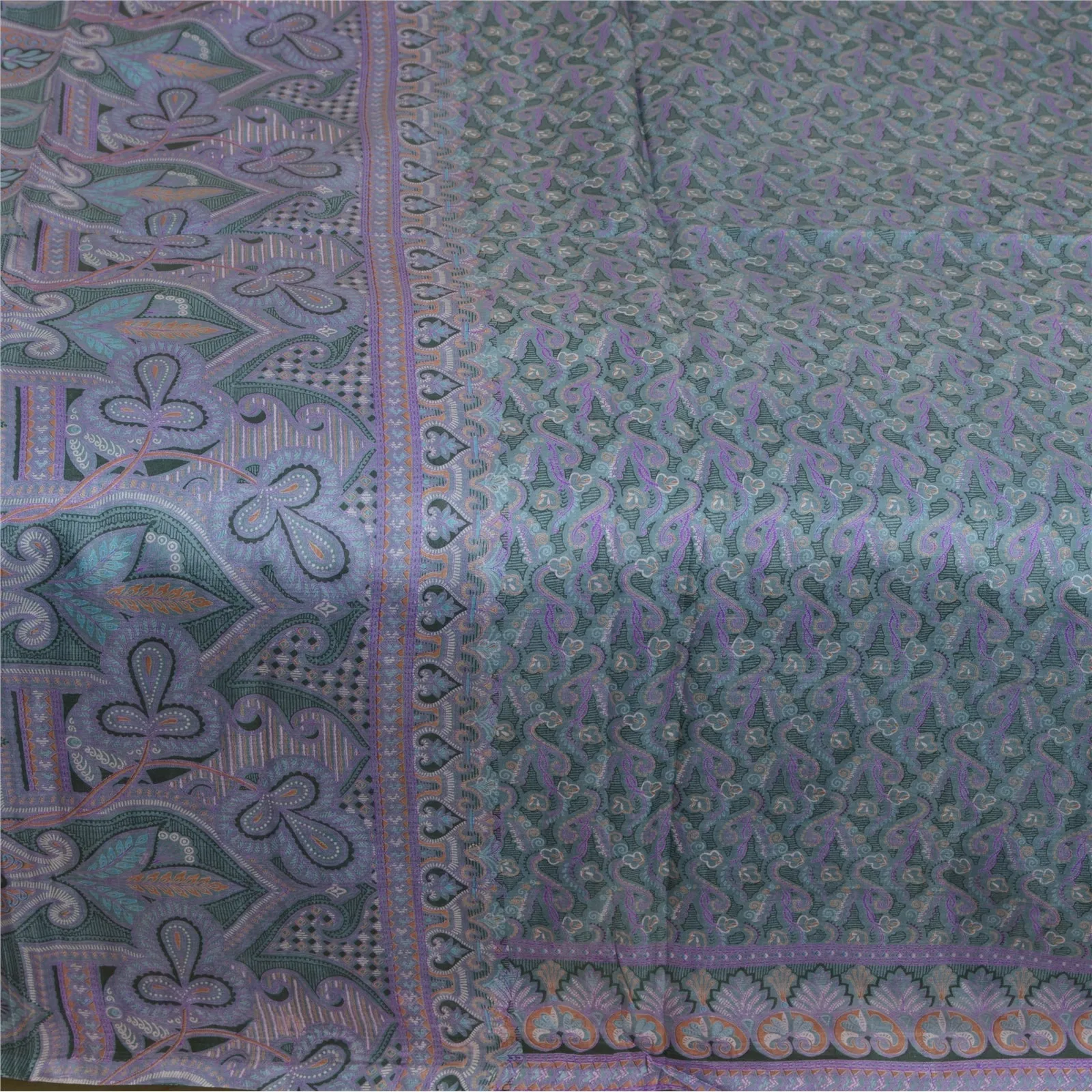 Sanskriti Vintage Sarees Indian Grayish-Blue Pure Silk Printed Sari Craft Fabric