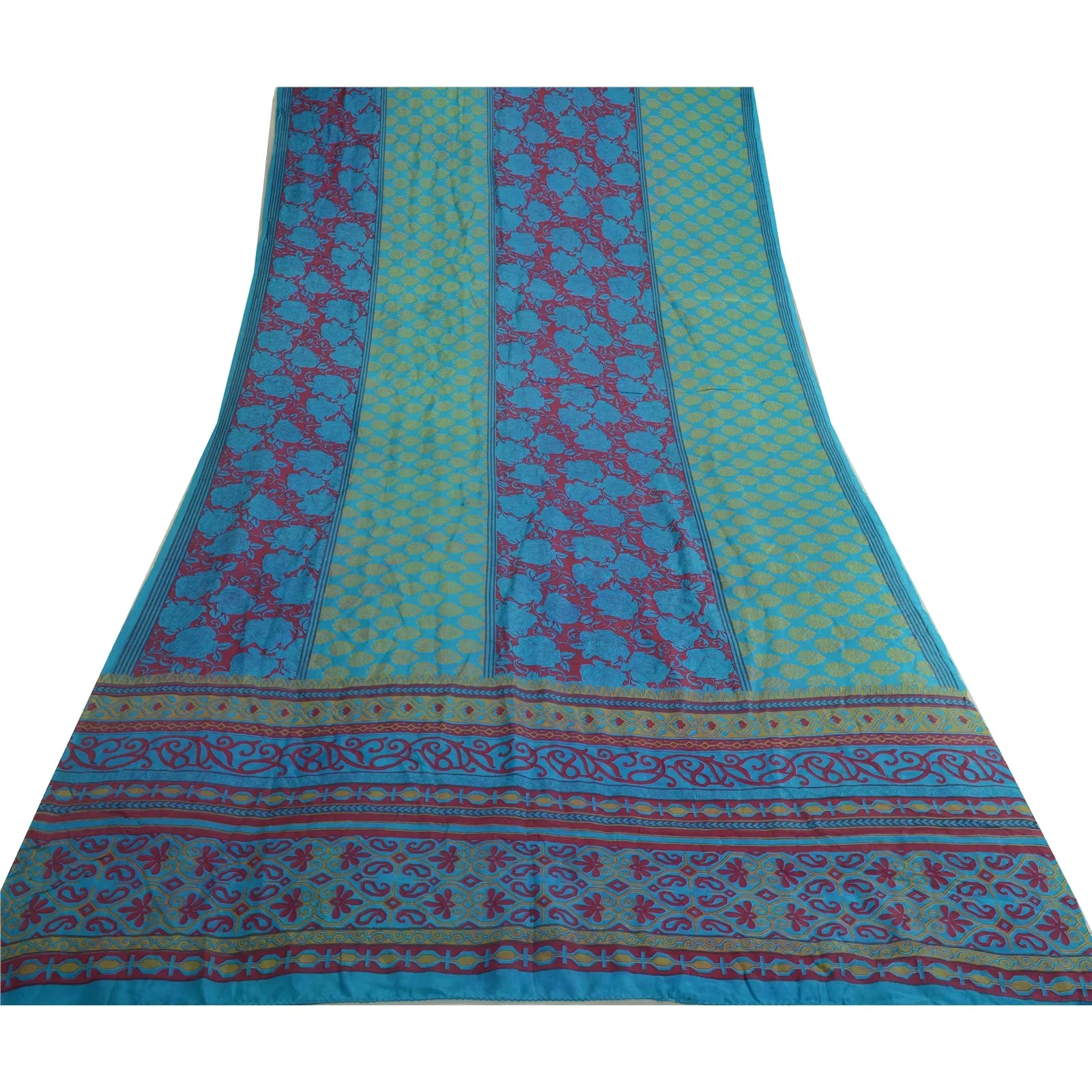 Sanskriti Vintage Sarees Indian Green-Blue Pure Silk Printed Sari Craft Fabric