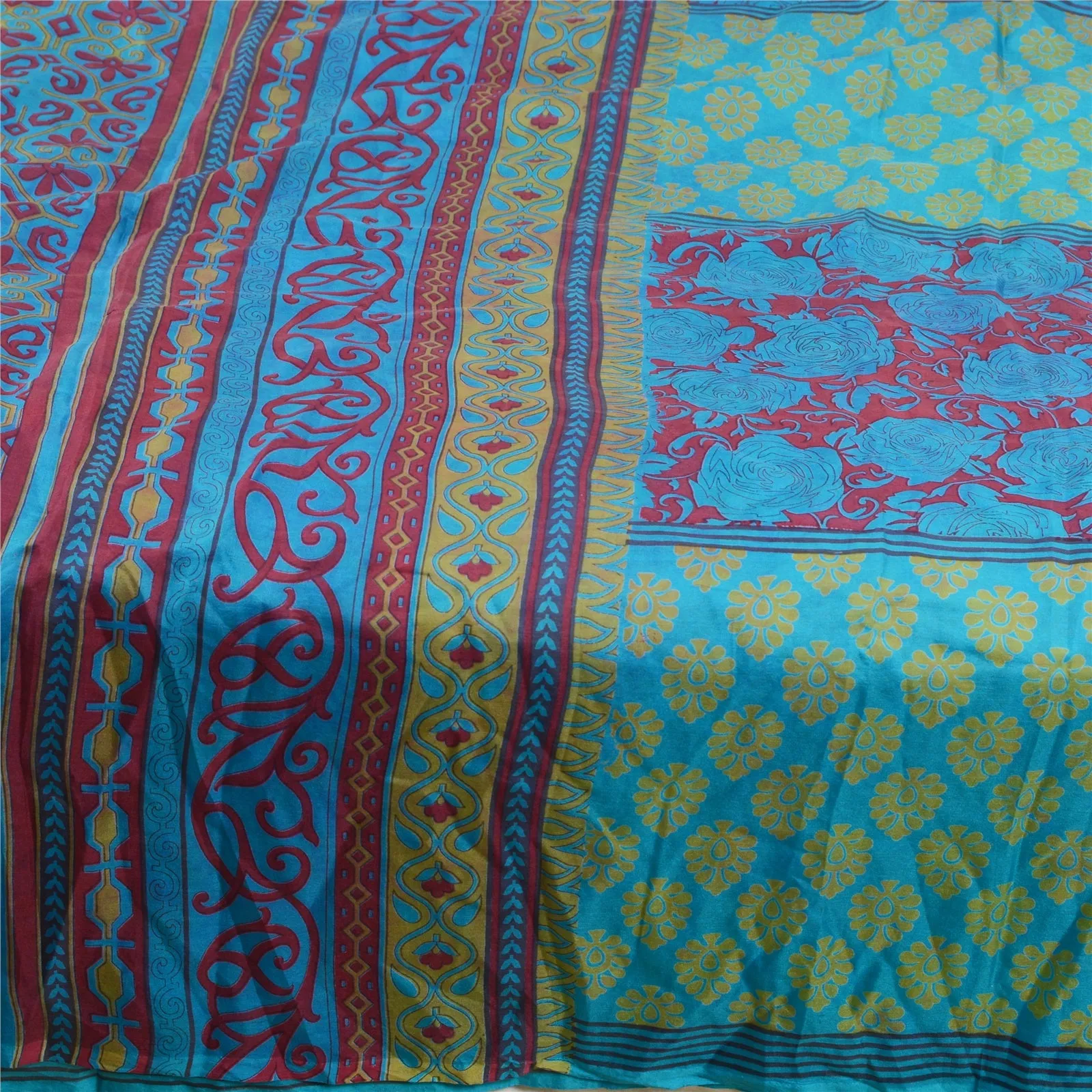 Sanskriti Vintage Sarees Indian Green-Blue Pure Silk Printed Sari Craft Fabric