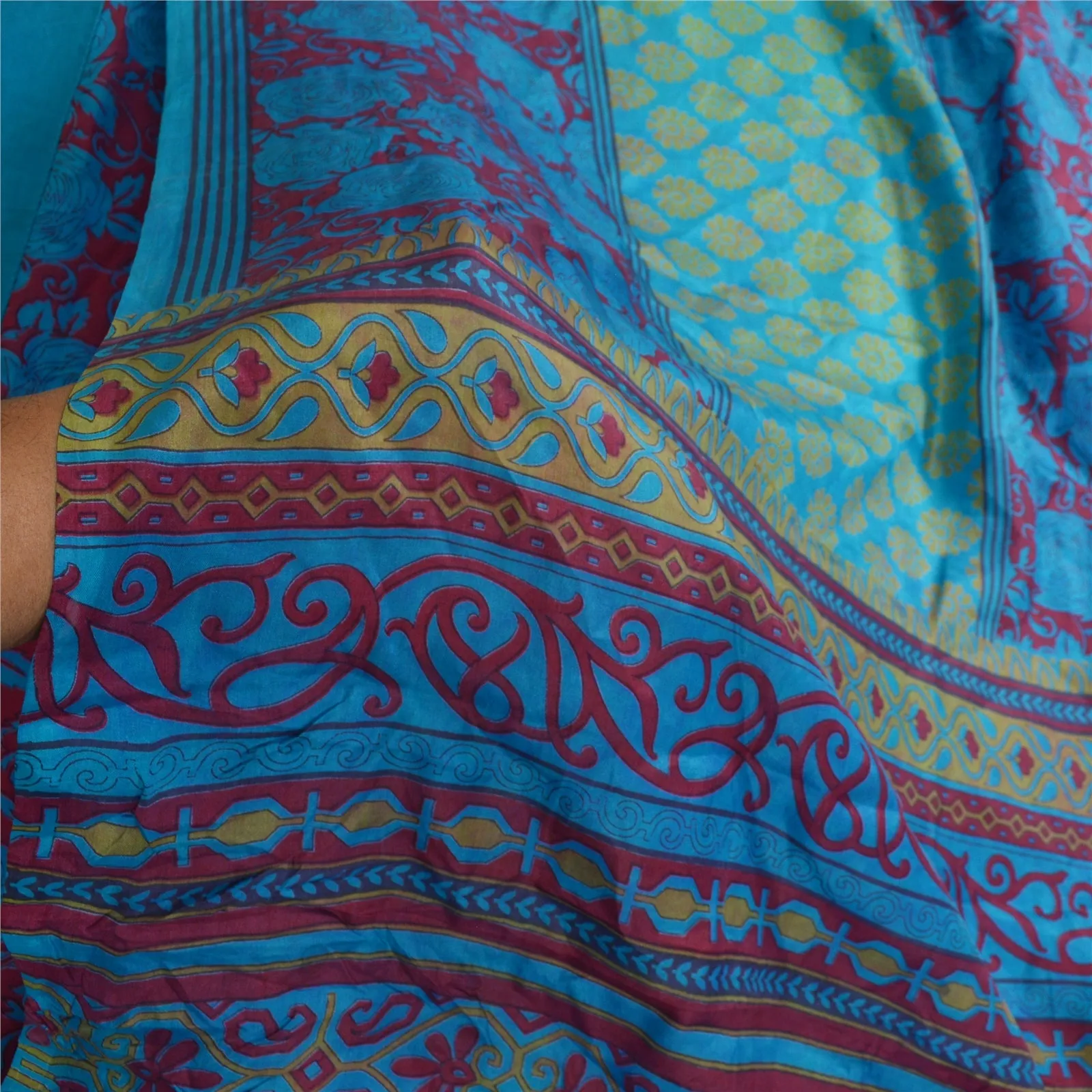 Sanskriti Vintage Sarees Indian Green-Blue Pure Silk Printed Sari Craft Fabric