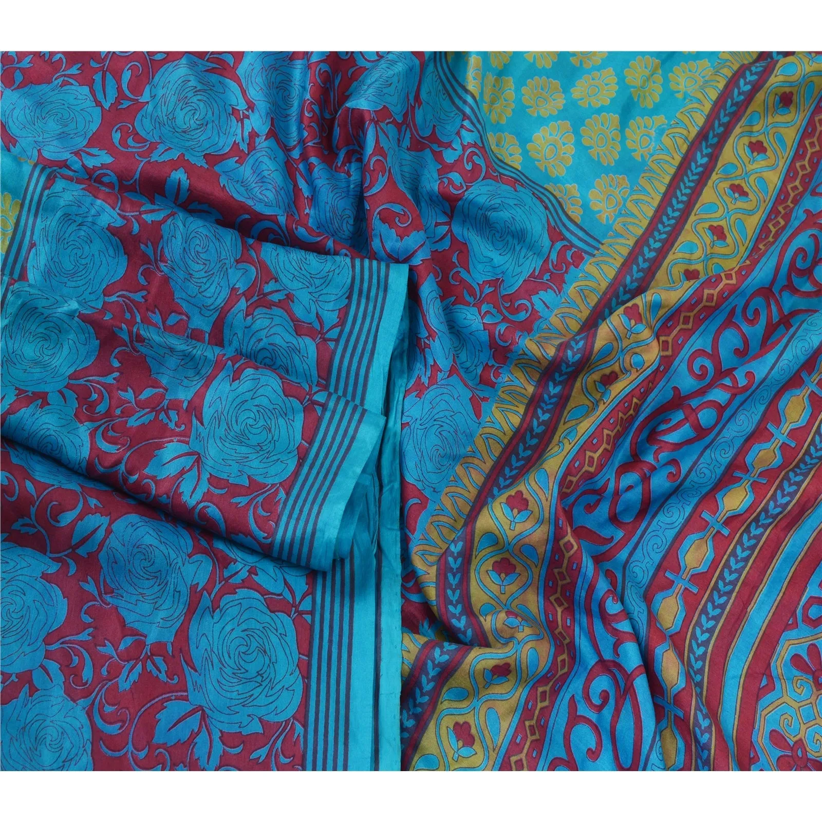 Sanskriti Vintage Sarees Indian Green-Blue Pure Silk Printed Sari Craft Fabric