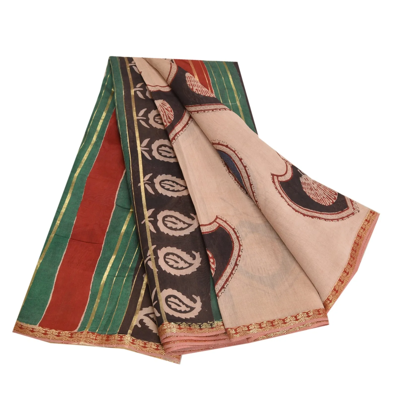 Sanskriti Vintage Sarees Ivory Hand-Block Print Pure Chanderi Cotton Sari Fabric