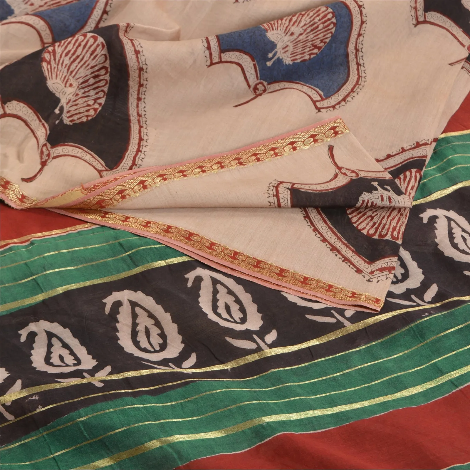 Sanskriti Vintage Sarees Ivory Hand-Block Print Pure Chanderi Cotton Sari Fabric