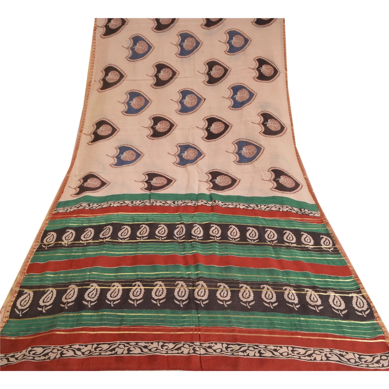 Sanskriti Vintage Sarees Ivory Hand-Block Print Pure Chanderi Cotton Sari Fabric