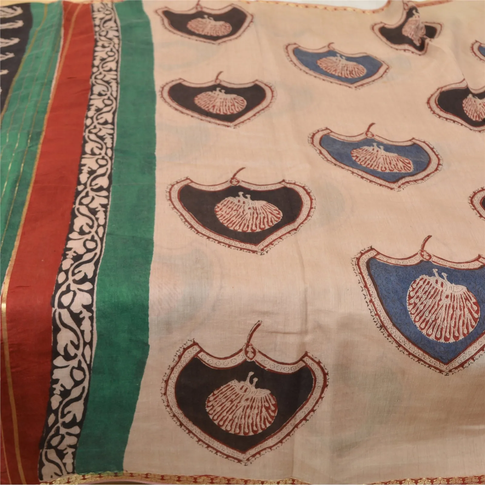 Sanskriti Vintage Sarees Ivory Hand-Block Print Pure Chanderi Cotton Sari Fabric