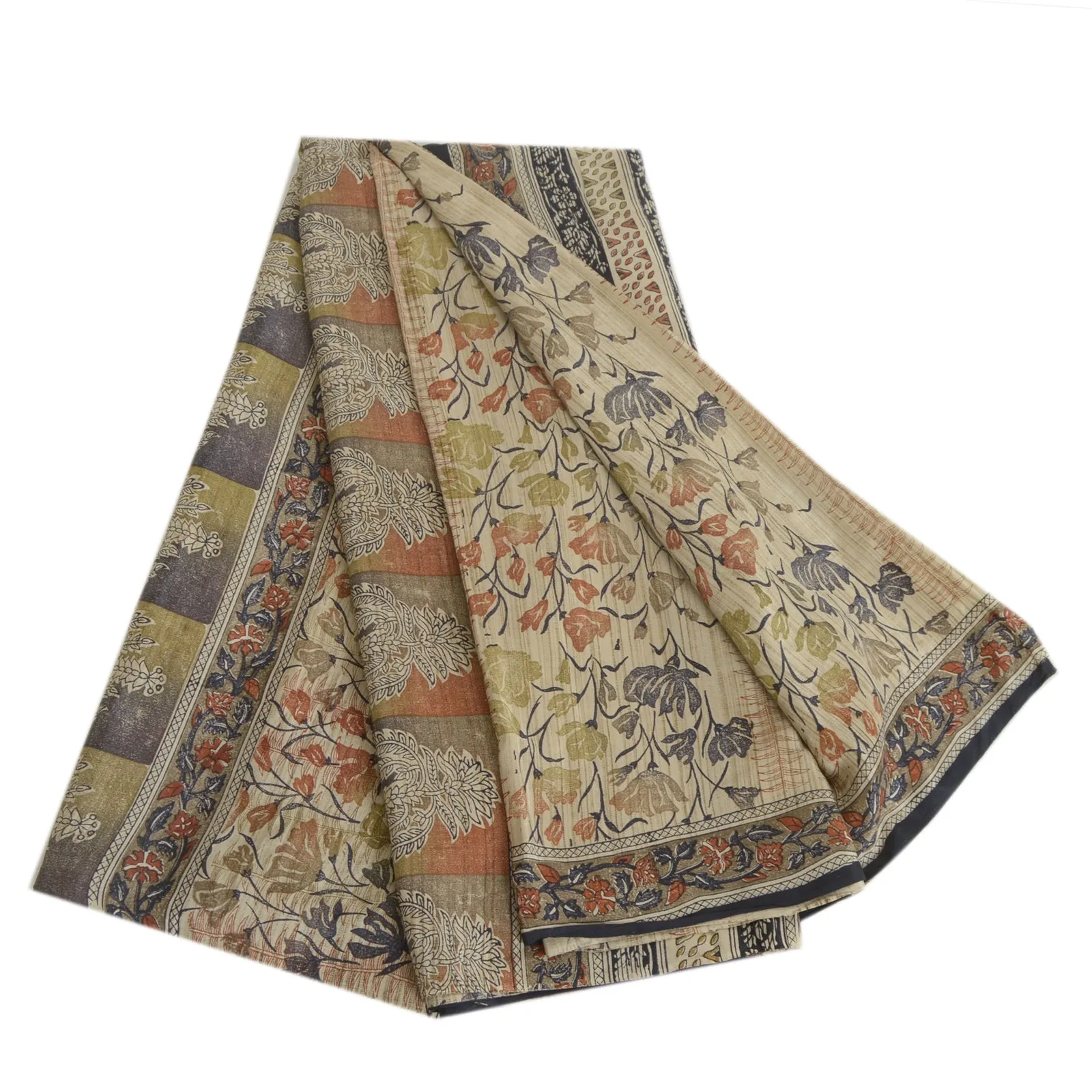 Sanskriti Vintage Sarees Ivory Pure Crepe Silk Printed Sari Floral Craft Fabric