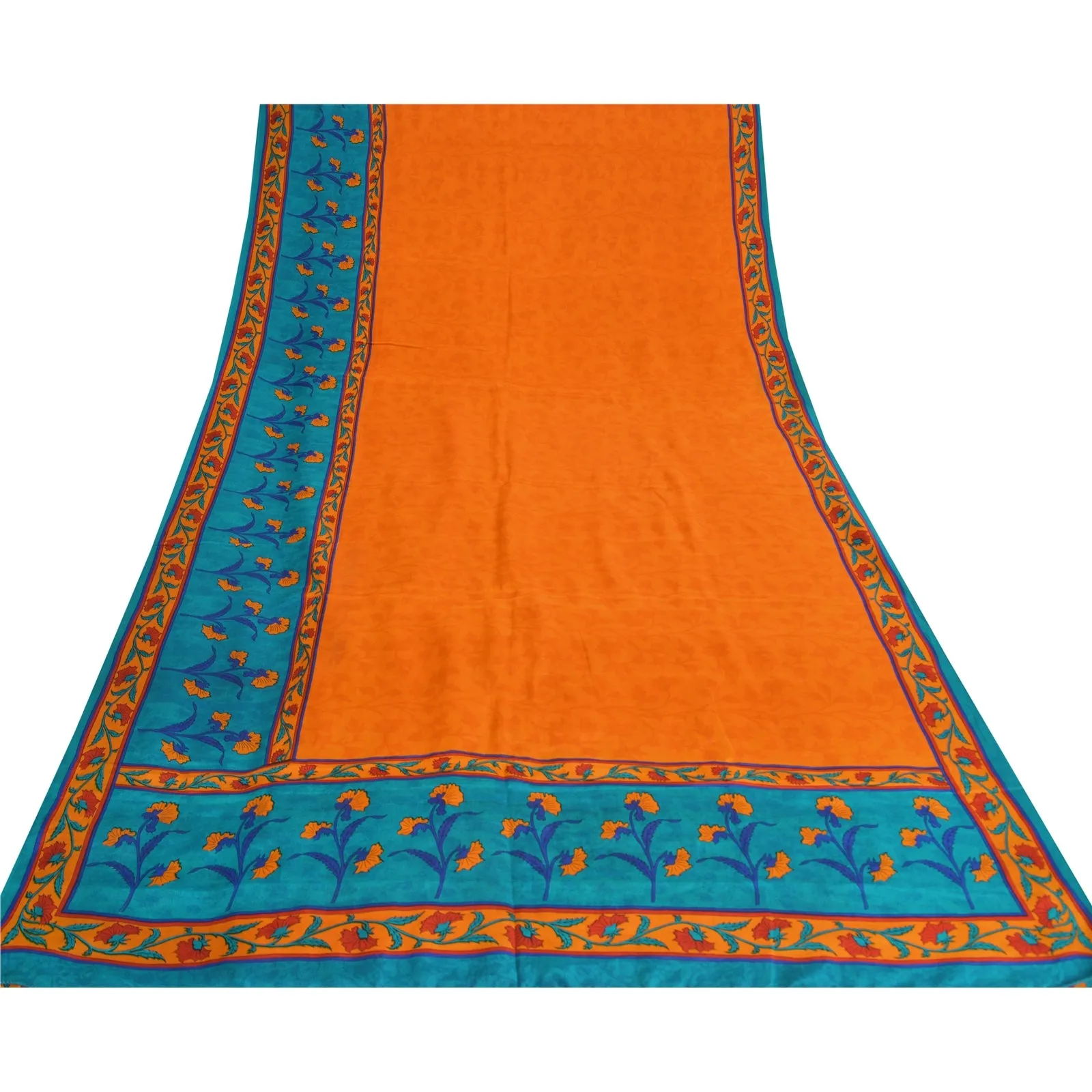 Sanskriti Vintage Sarees Orange/Blue Pure Crepe Silk Print Sari 5yd Craft Fabric