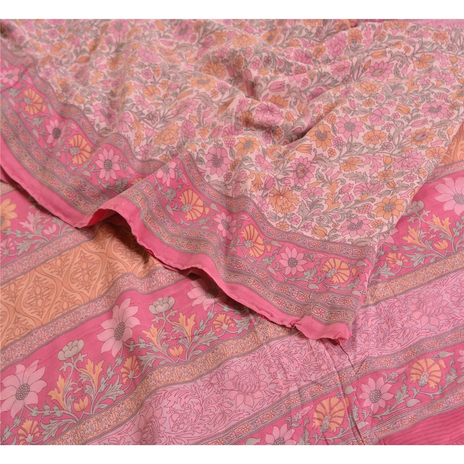 Sanskriti Vintage Sarees Pink 100% Pure Crepe Silk Printed Sari 5yd Craft Fabric