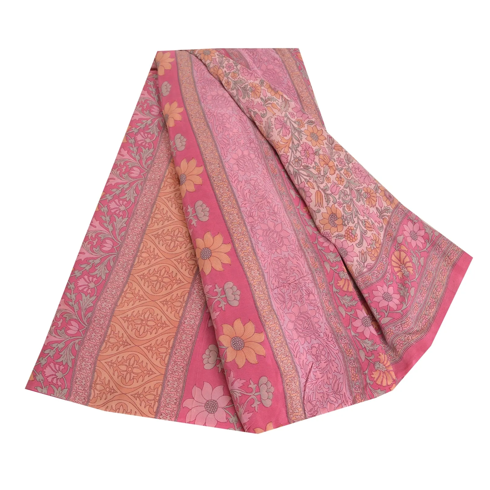 Sanskriti Vintage Sarees Pink 100% Pure Crepe Silk Printed Sari 5yd Craft Fabric