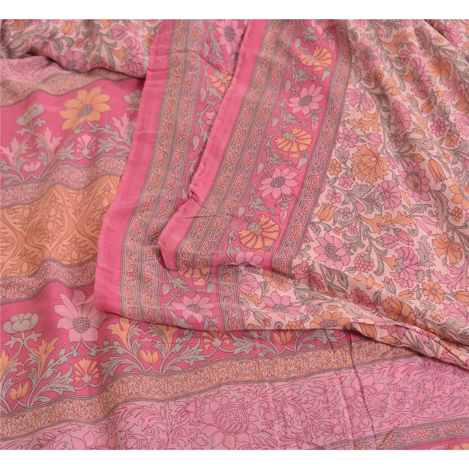 Sanskriti Vintage Sarees Pink 100% Pure Crepe Silk Printed Sari 5yd Craft Fabric